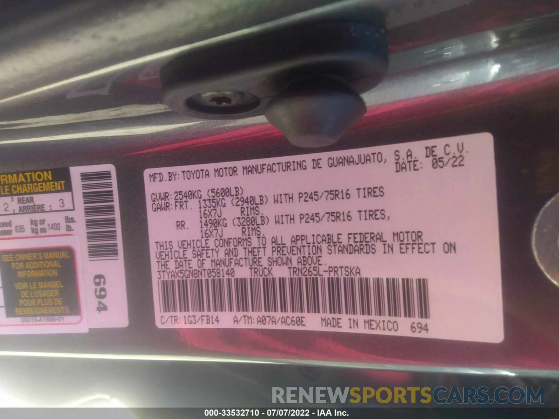 9 fotografías del automóvil dañado 3TYAX5GN8NT058140 TOYOTA TACOMA 2WD 2022
