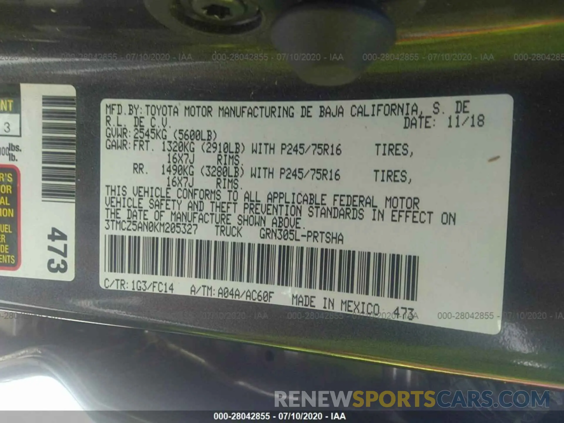 9 fotografías del automóvil dañado 3TMCZ5AN0KM205327 TOYOTA TACOMA 4WD 2019