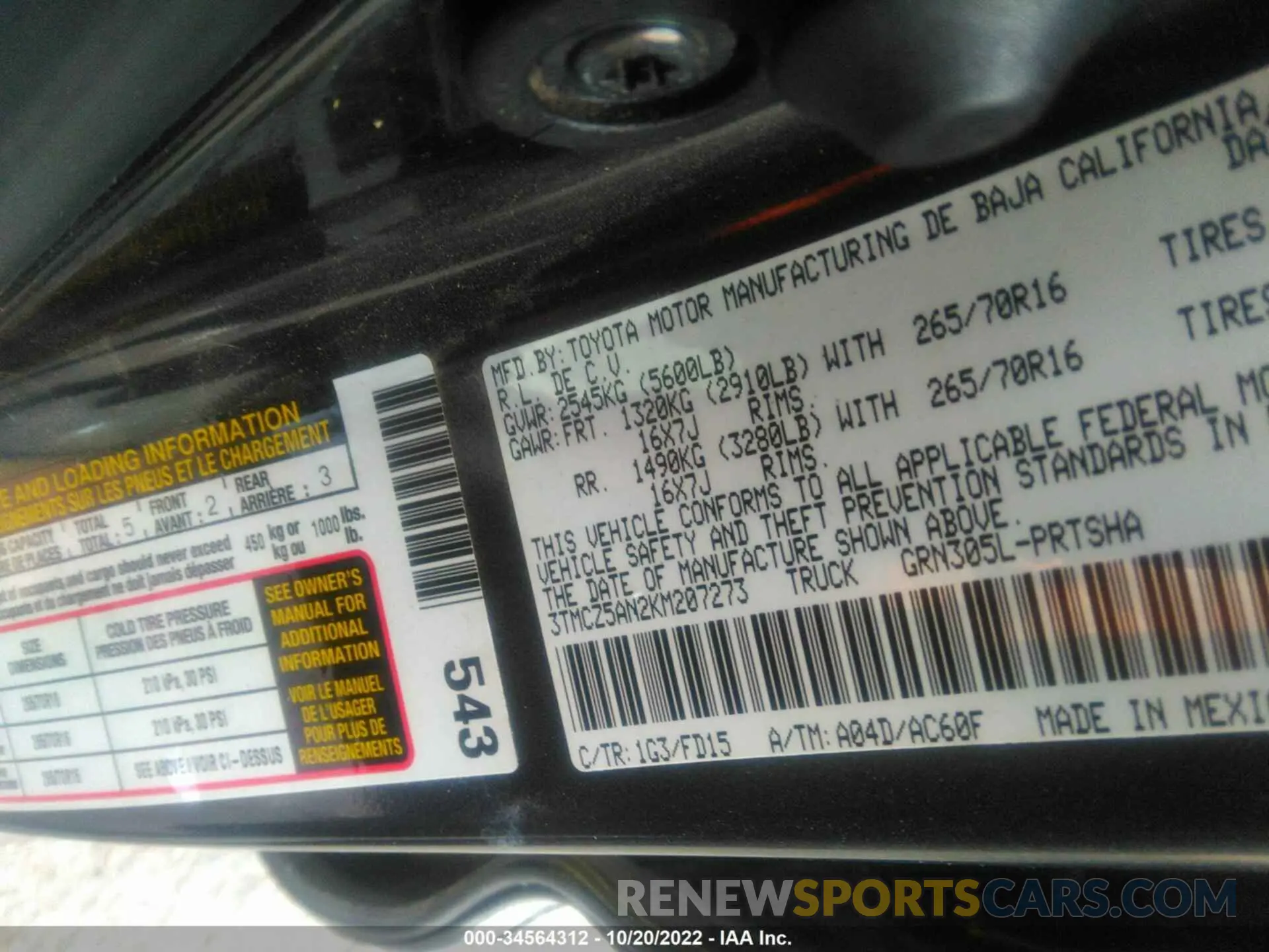 9 fotografías del automóvil dañado 3TMCZ5AN2KM207273 TOYOTA TACOMA 4WD 2019