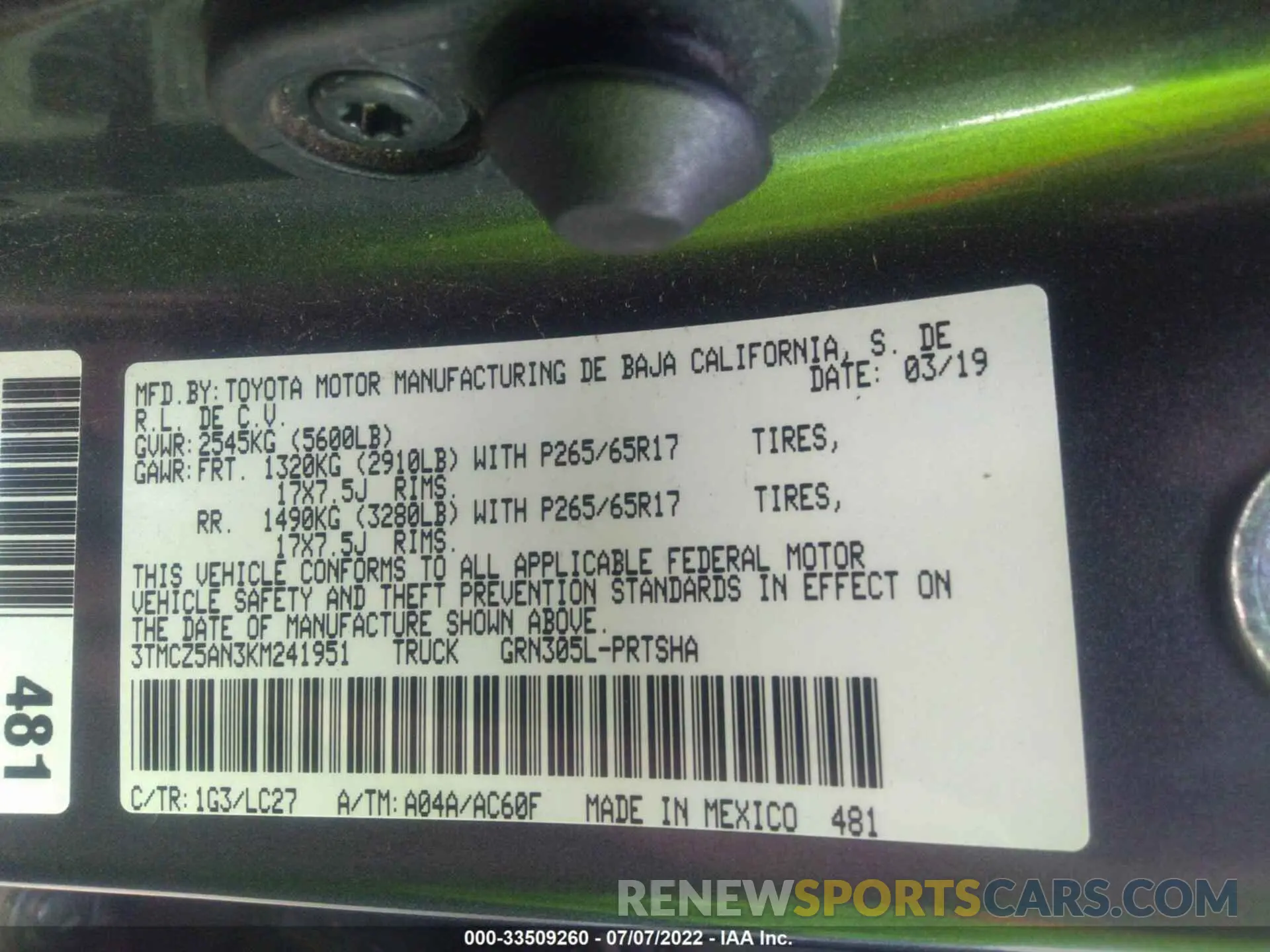 9 fotografías del automóvil dañado 3TMCZ5AN3KM241951 TOYOTA TACOMA 4WD 2019