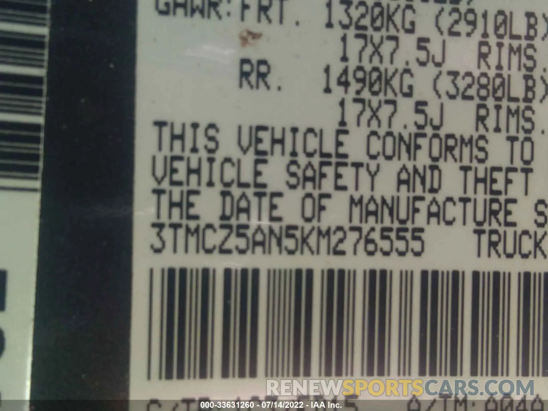 9 fotografías del automóvil dañado 3TMCZ5AN5KM276555 TOYOTA TACOMA 4WD 2019