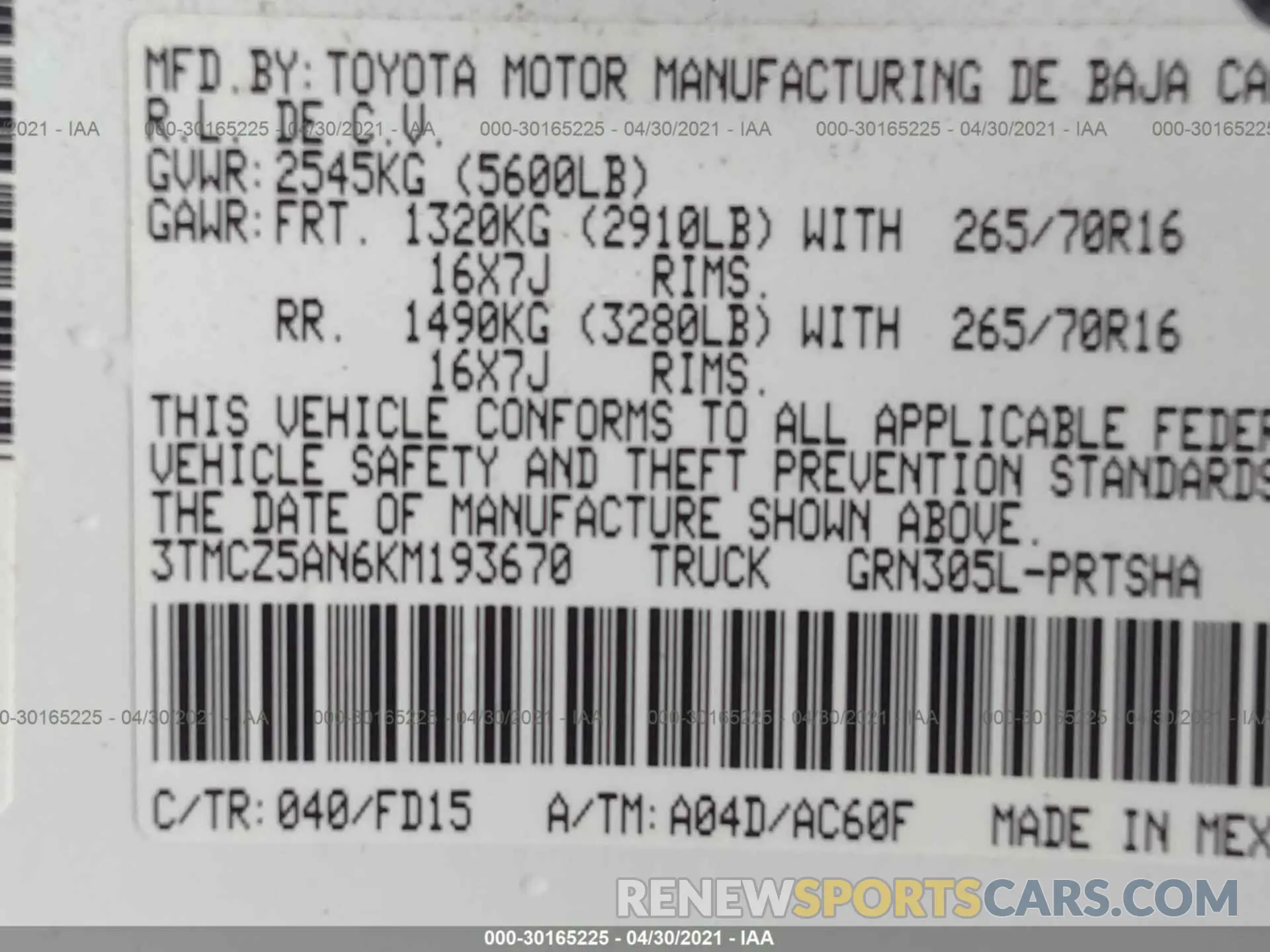 9 fotografías del automóvil dañado 3TMCZ5AN6KM193670 TOYOTA TACOMA 4WD 2019
