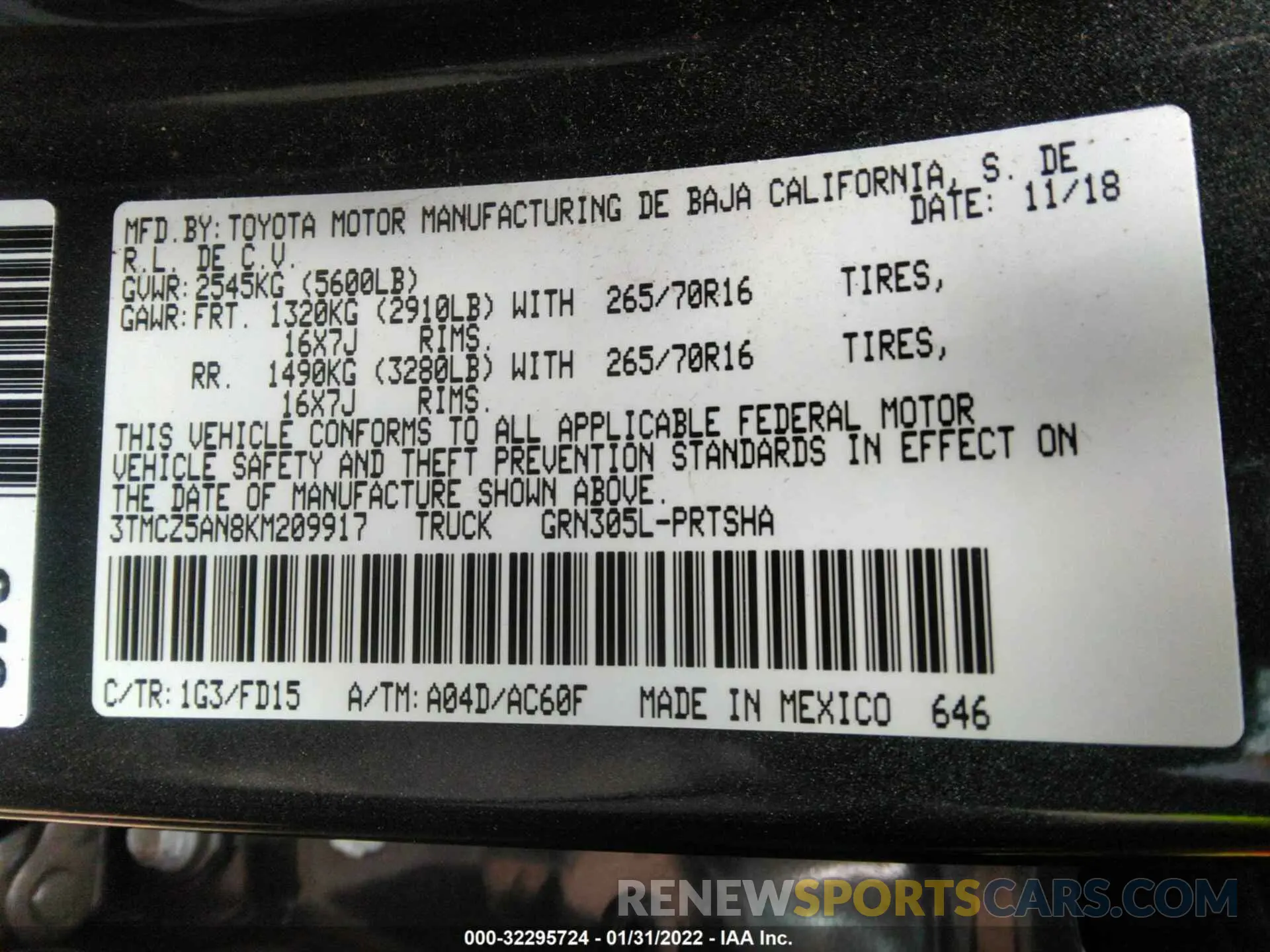 9 fotografías del automóvil dañado 3TMCZ5AN8KM209917 TOYOTA TACOMA 4WD 2019