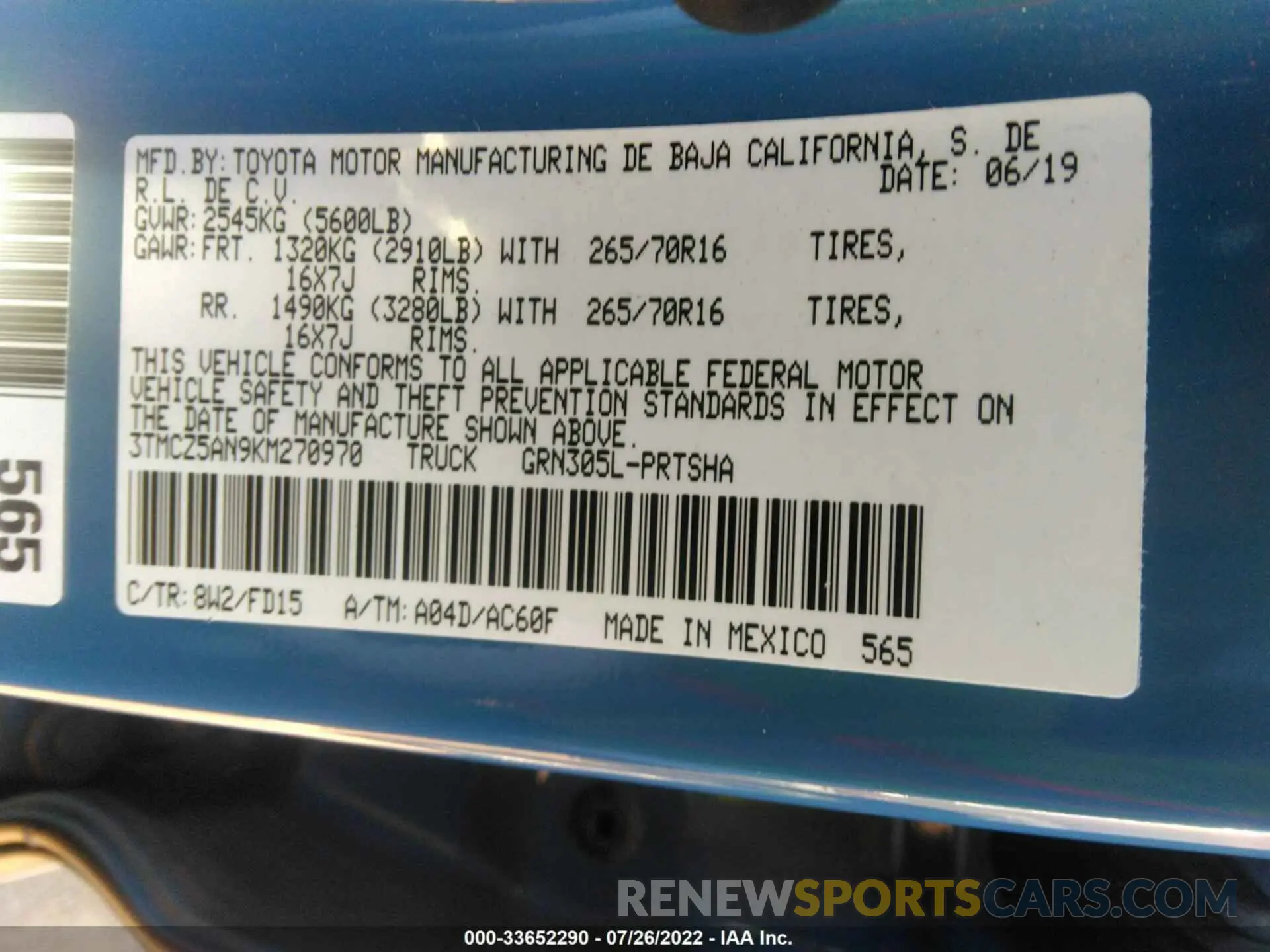 9 fotografías del automóvil dañado 3TMCZ5AN9KM270970 TOYOTA TACOMA 4WD 2019