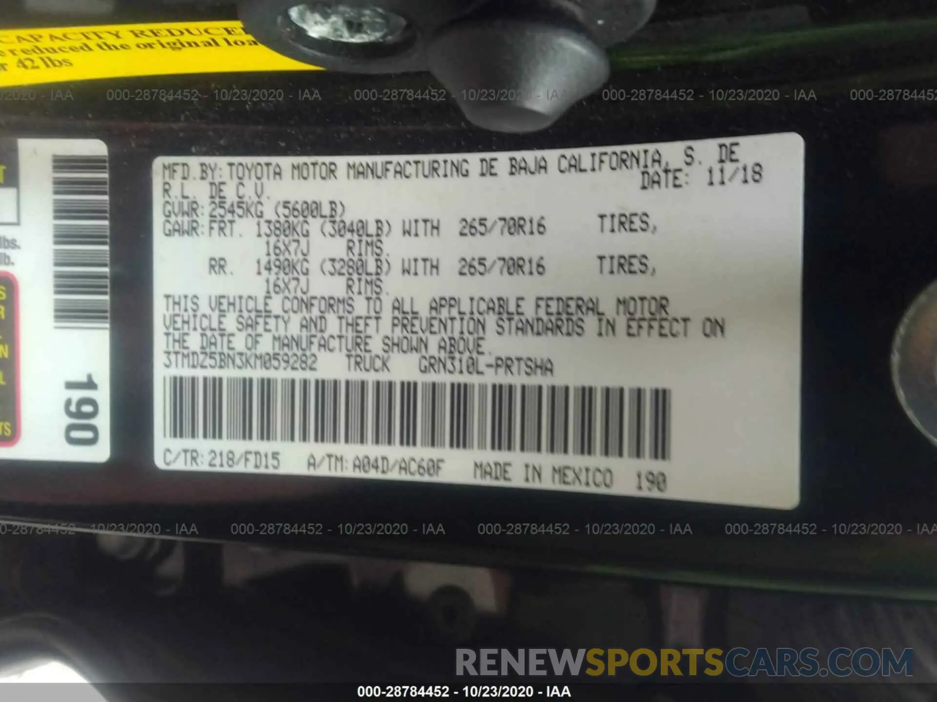 9 fotografías del automóvil dañado 3TMDZ5BN3KM059282 TOYOTA TACOMA 4WD 2019