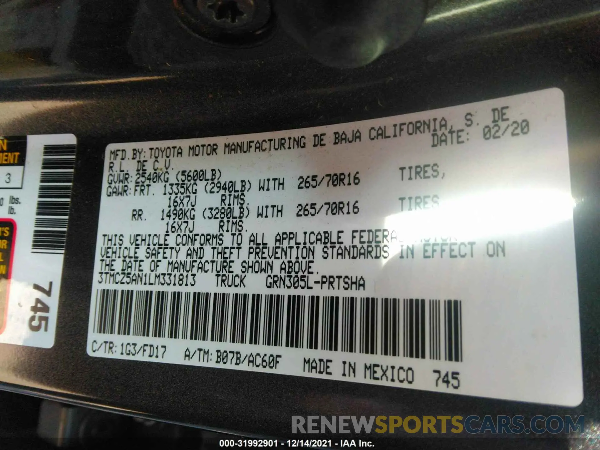 9 fotografías del automóvil dañado 3TMCZ5AN1LM331813 TOYOTA TACOMA 4WD 2020