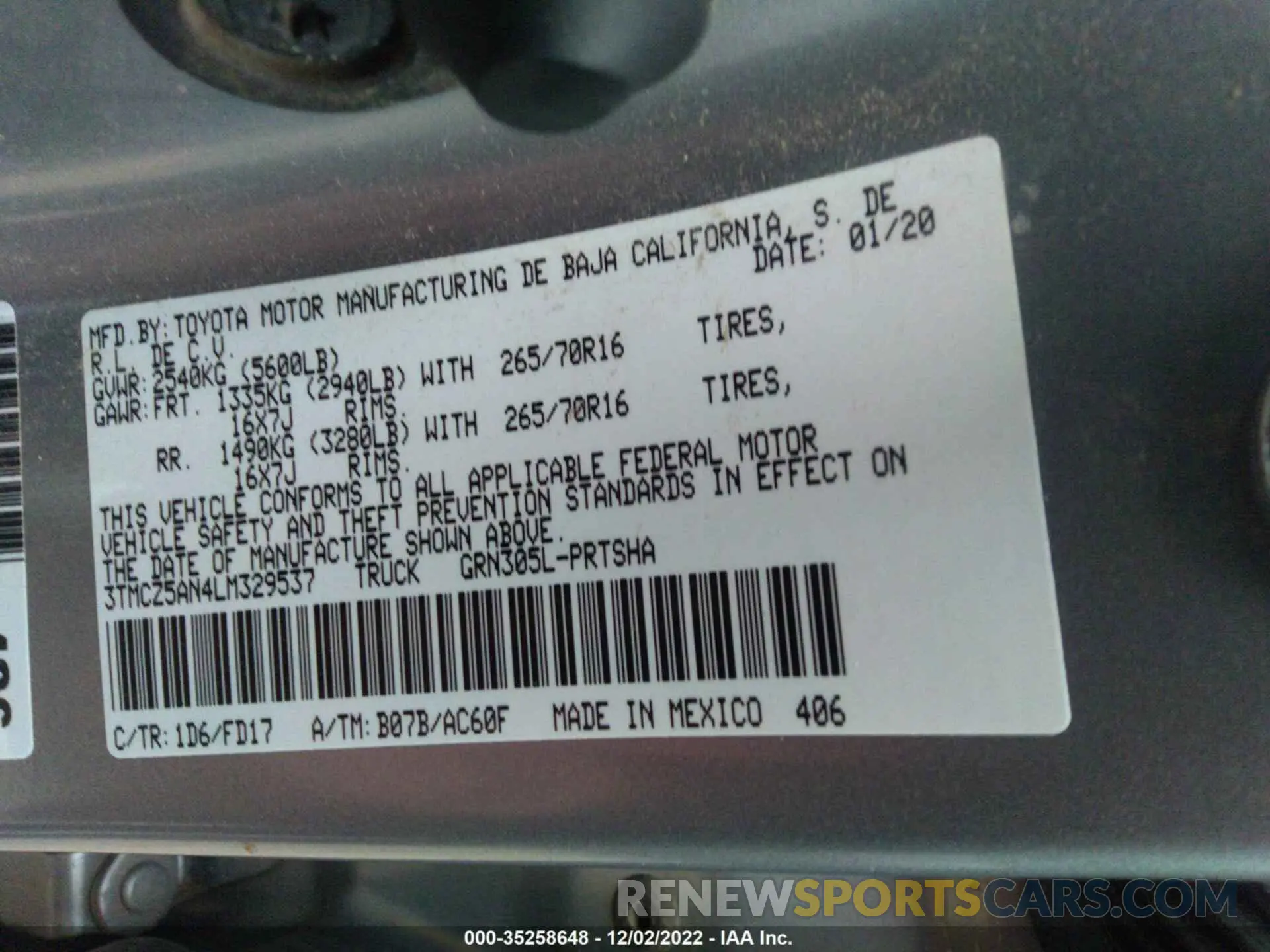 9 fotografías del automóvil dañado 3TMCZ5AN4LM329537 TOYOTA TACOMA 4WD 2020