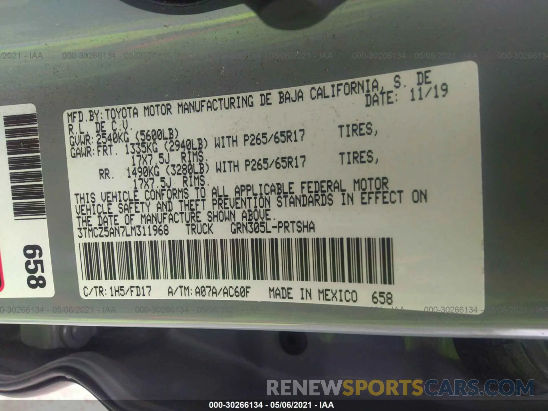 9 fotografías del automóvil dañado 3TMCZ5AN7LM311968 TOYOTA TACOMA 4WD 2020