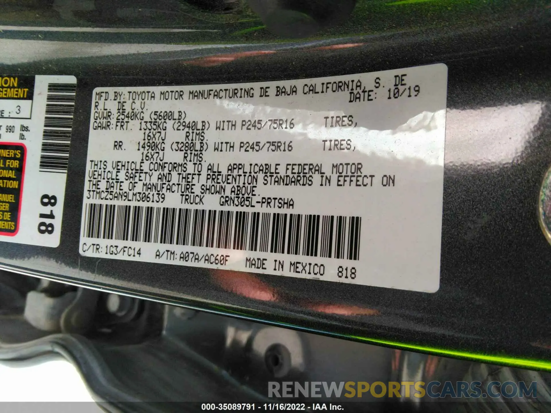 9 fotografías del automóvil dañado 3TMCZ5AN9LM306139 TOYOTA TACOMA 4WD 2020