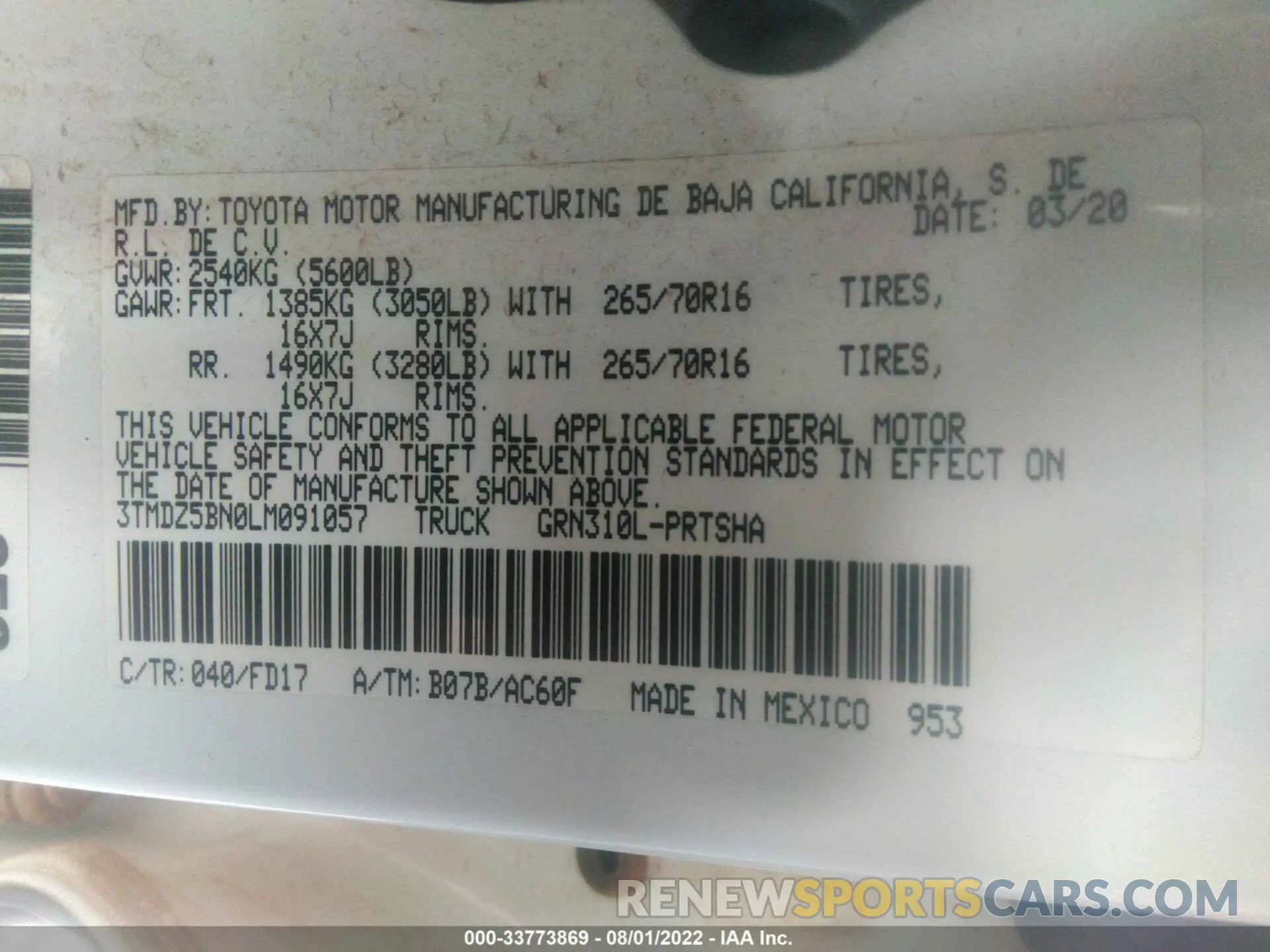 9 fotografías del automóvil dañado 3TMDZ5BN0LM091057 TOYOTA TACOMA 4WD 2020