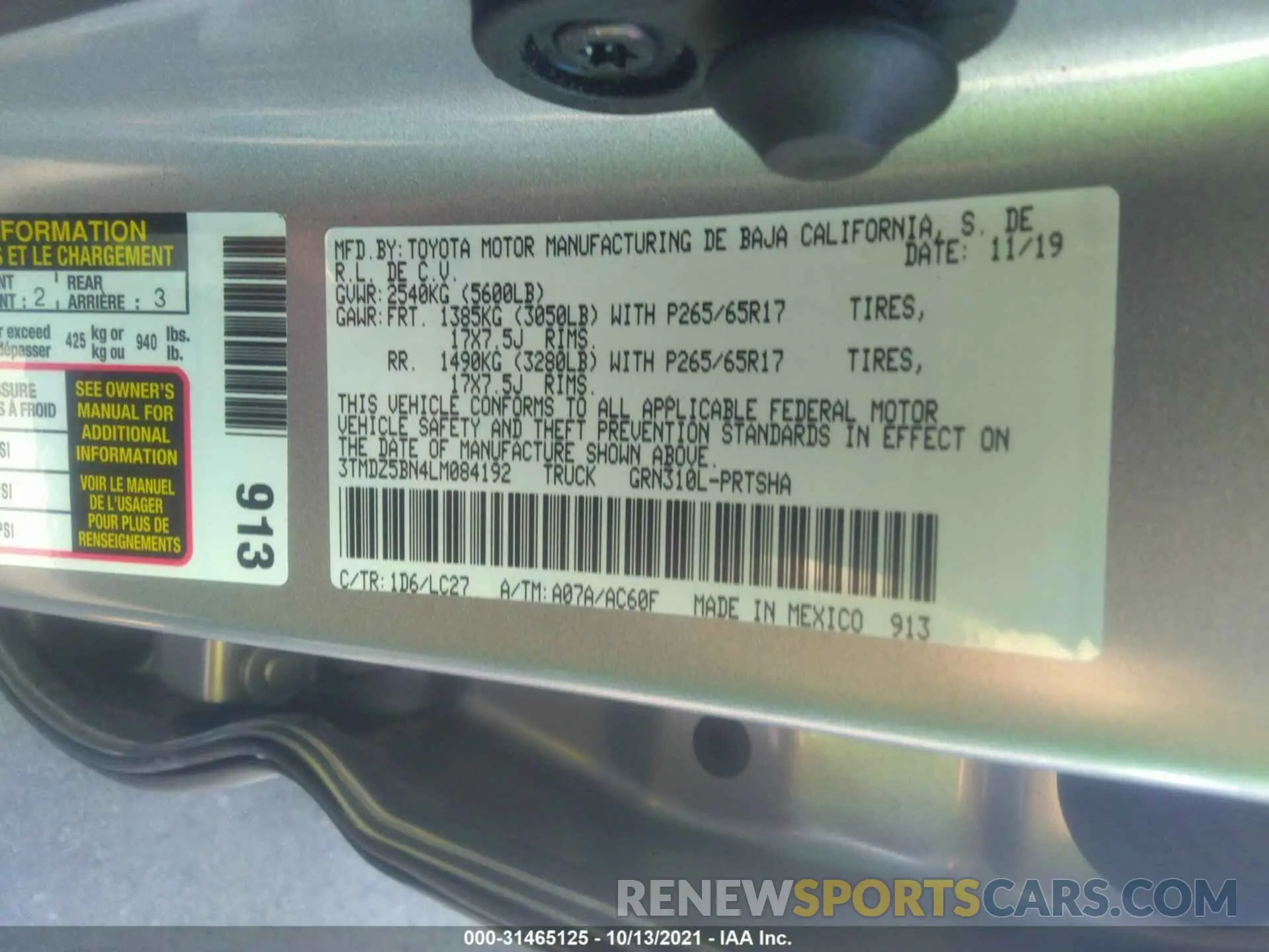 9 fotografías del automóvil dañado 3TMDZ5BN4LM084192 TOYOTA TACOMA 4WD 2020