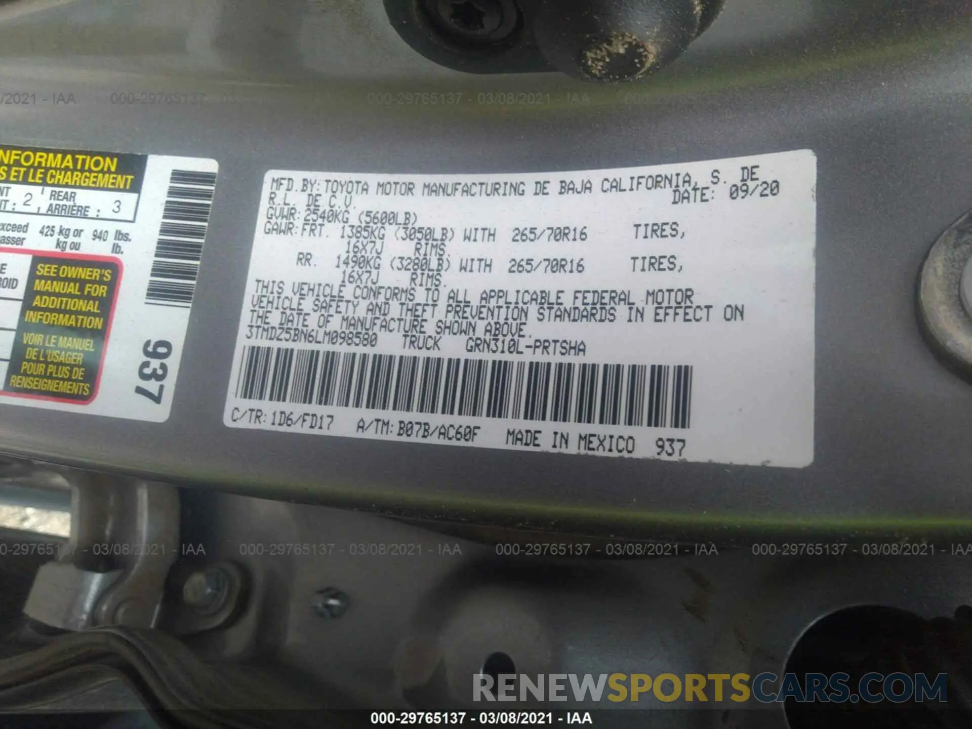 9 fotografías del automóvil dañado 3TMDZ5BN6LM098580 TOYOTA TACOMA 4WD 2020