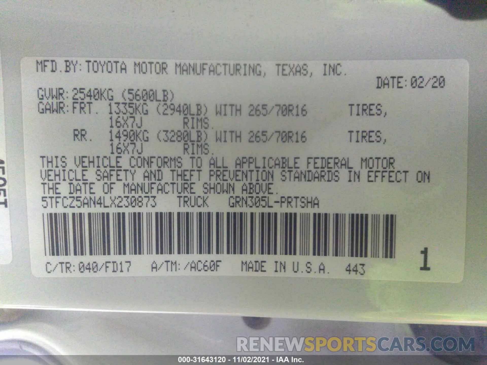 9 fotografías del automóvil dañado 5TFCZ5AN4LX230873 TOYOTA TACOMA 4WD 2020