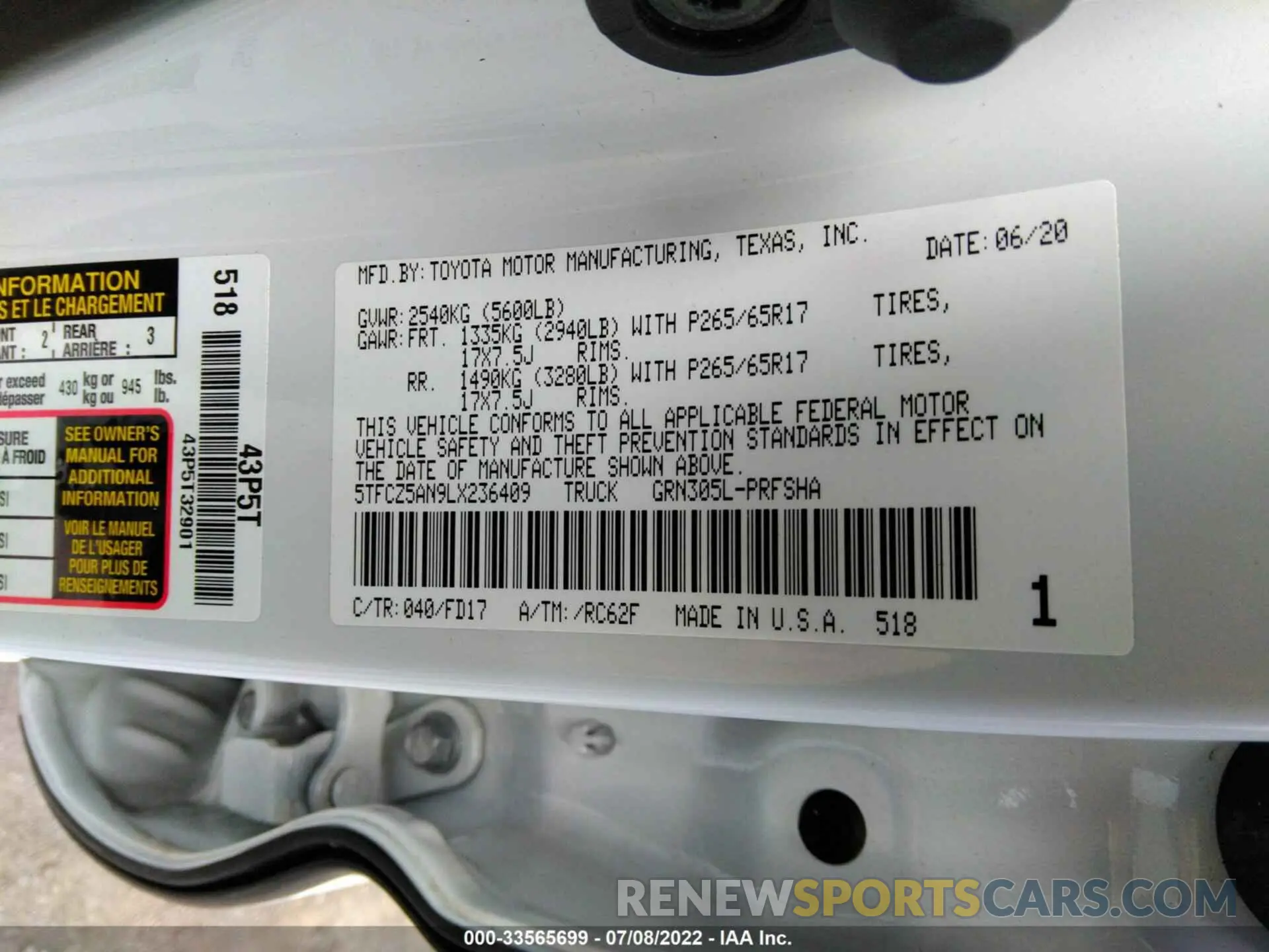 9 fotografías del automóvil dañado 5TFCZ5AN9LX236409 TOYOTA TACOMA 4WD 2020