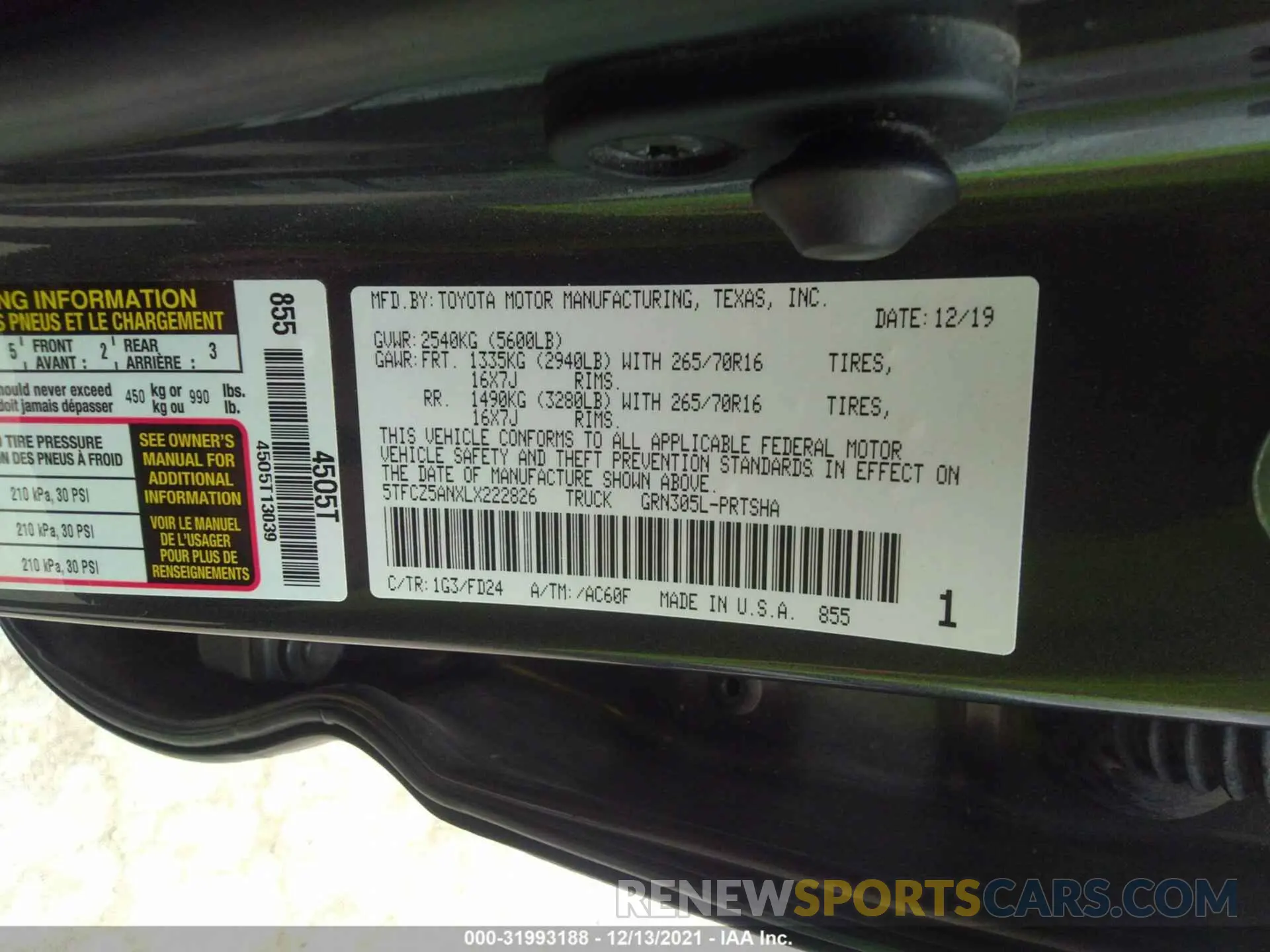 9 fotografías del automóvil dañado 5TFCZ5ANXLX222826 TOYOTA TACOMA 4WD 2020