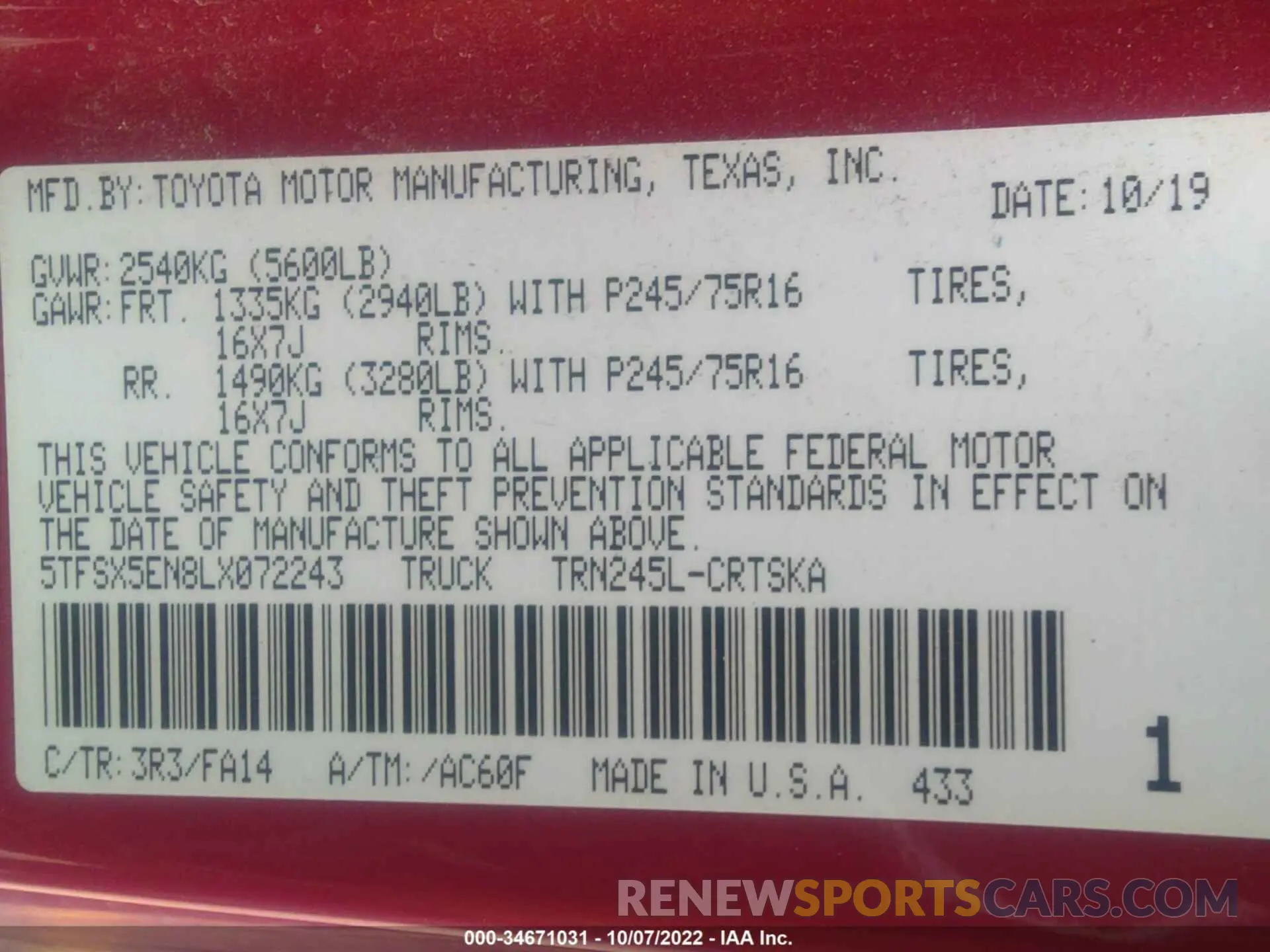 9 fotografías del automóvil dañado 5TFSX5EN8LX072243 TOYOTA TACOMA 4WD 2020