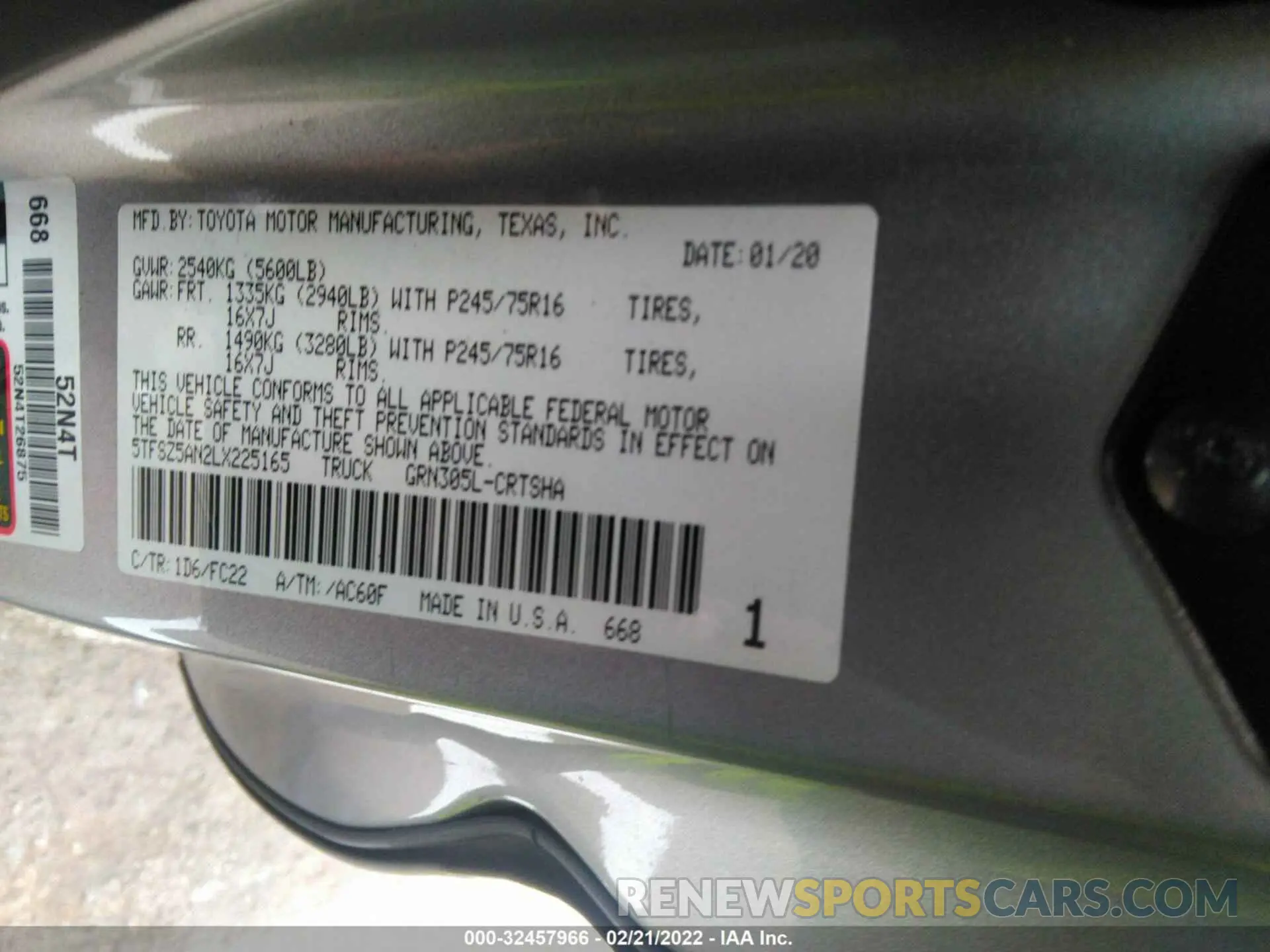 9 fotografías del automóvil dañado 5TFSZ5AN2LX225165 TOYOTA TACOMA 4WD 2020