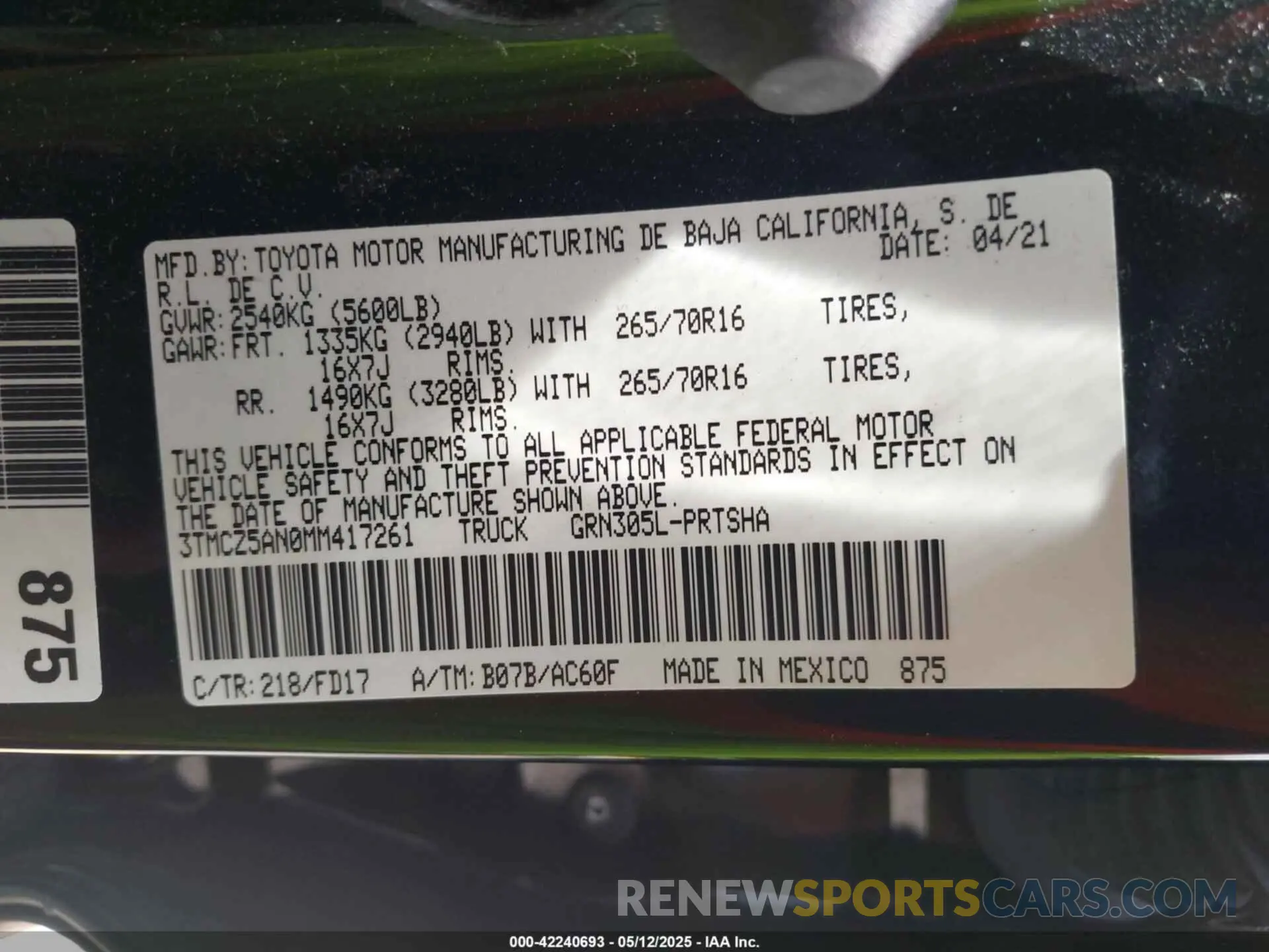 9 fotografías del automóvil dañado 3TMCZ5AN0MM417261 TOYOTA TACOMA 4WD 2021