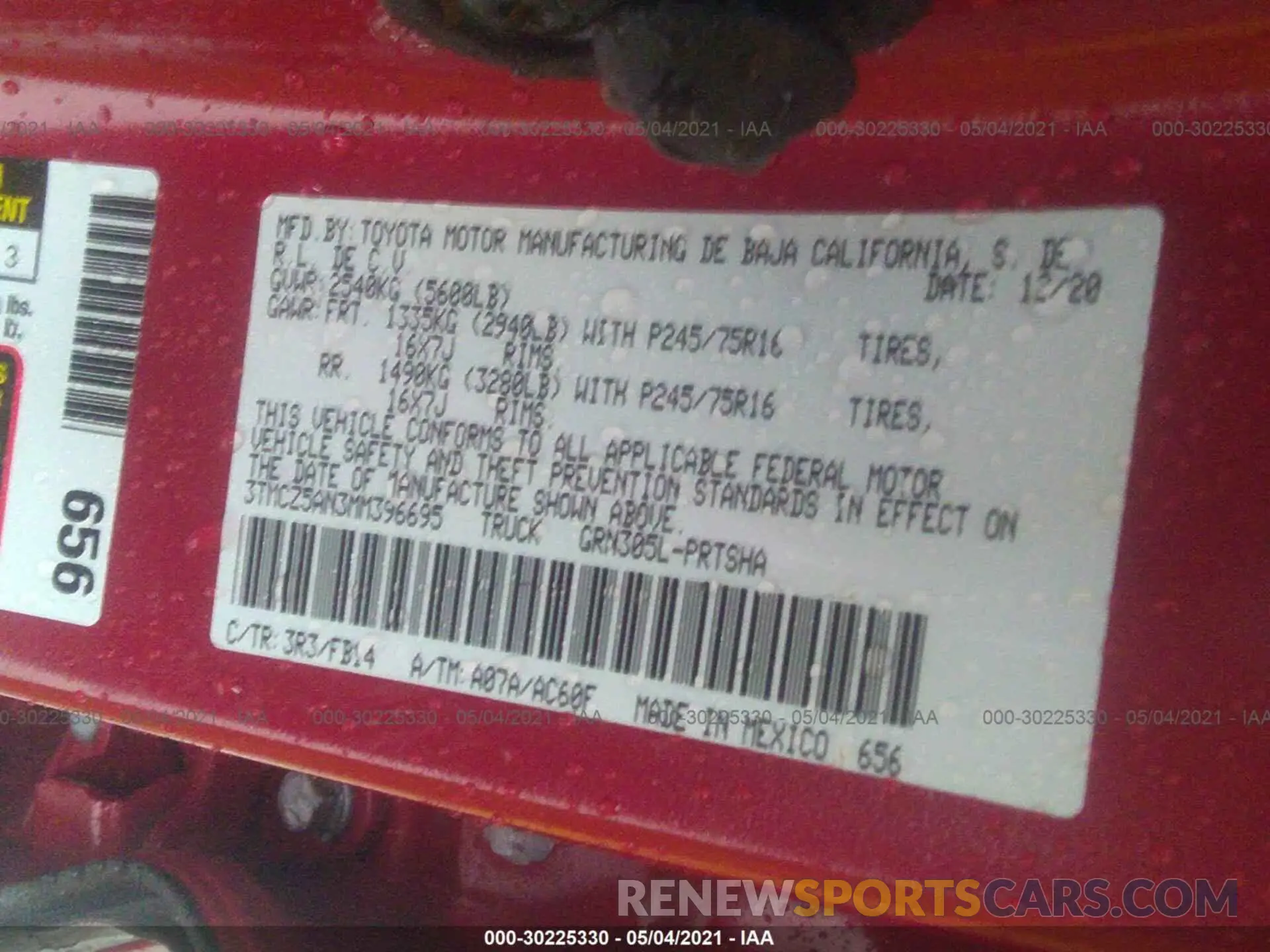 9 fotografías del automóvil dañado 3TMCZ5AN3MM396695 TOYOTA TACOMA 4WD 2021