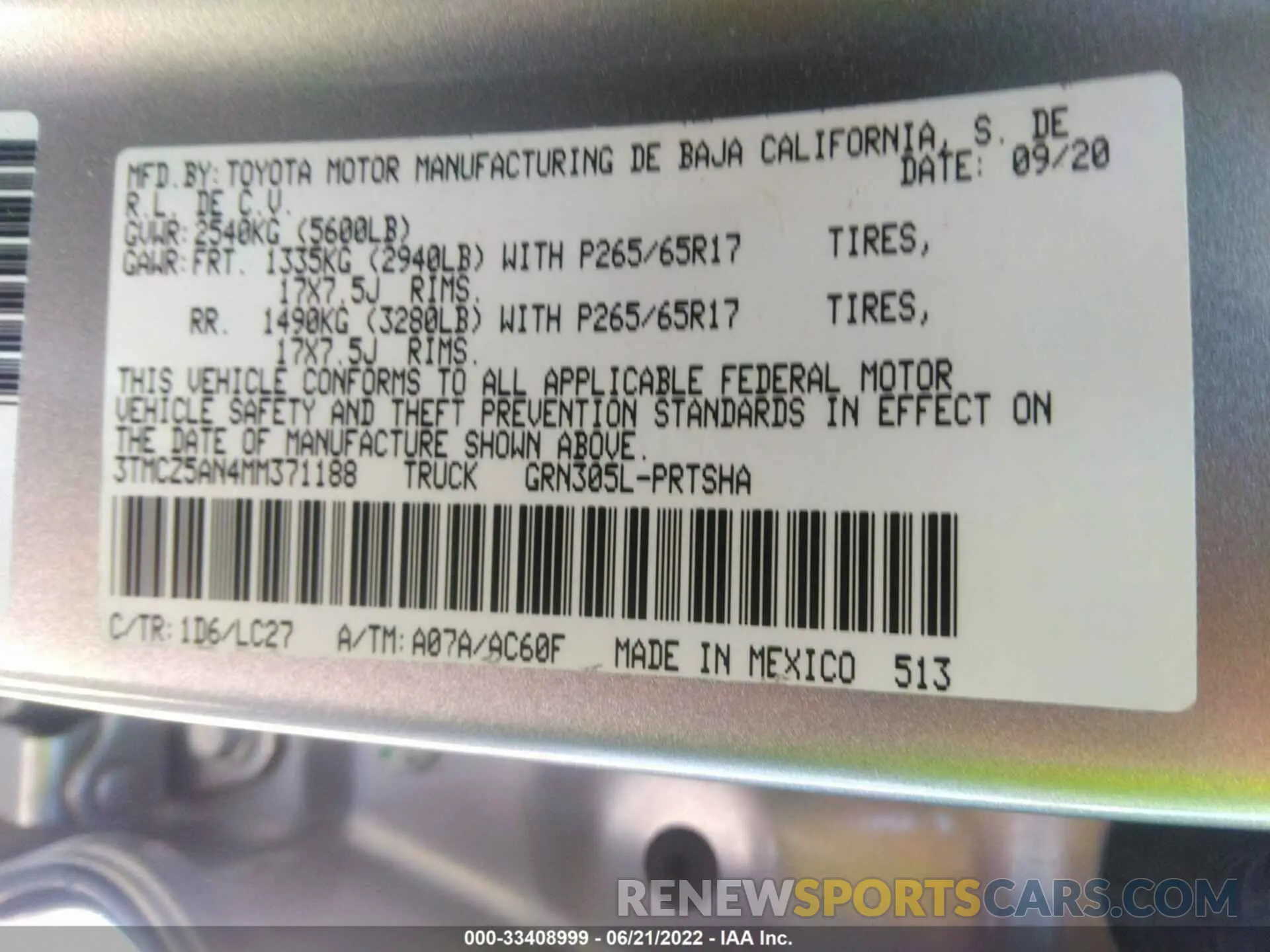 9 fotografías del automóvil dañado 3TMCZ5AN4MM371188 TOYOTA TACOMA 4WD 2021