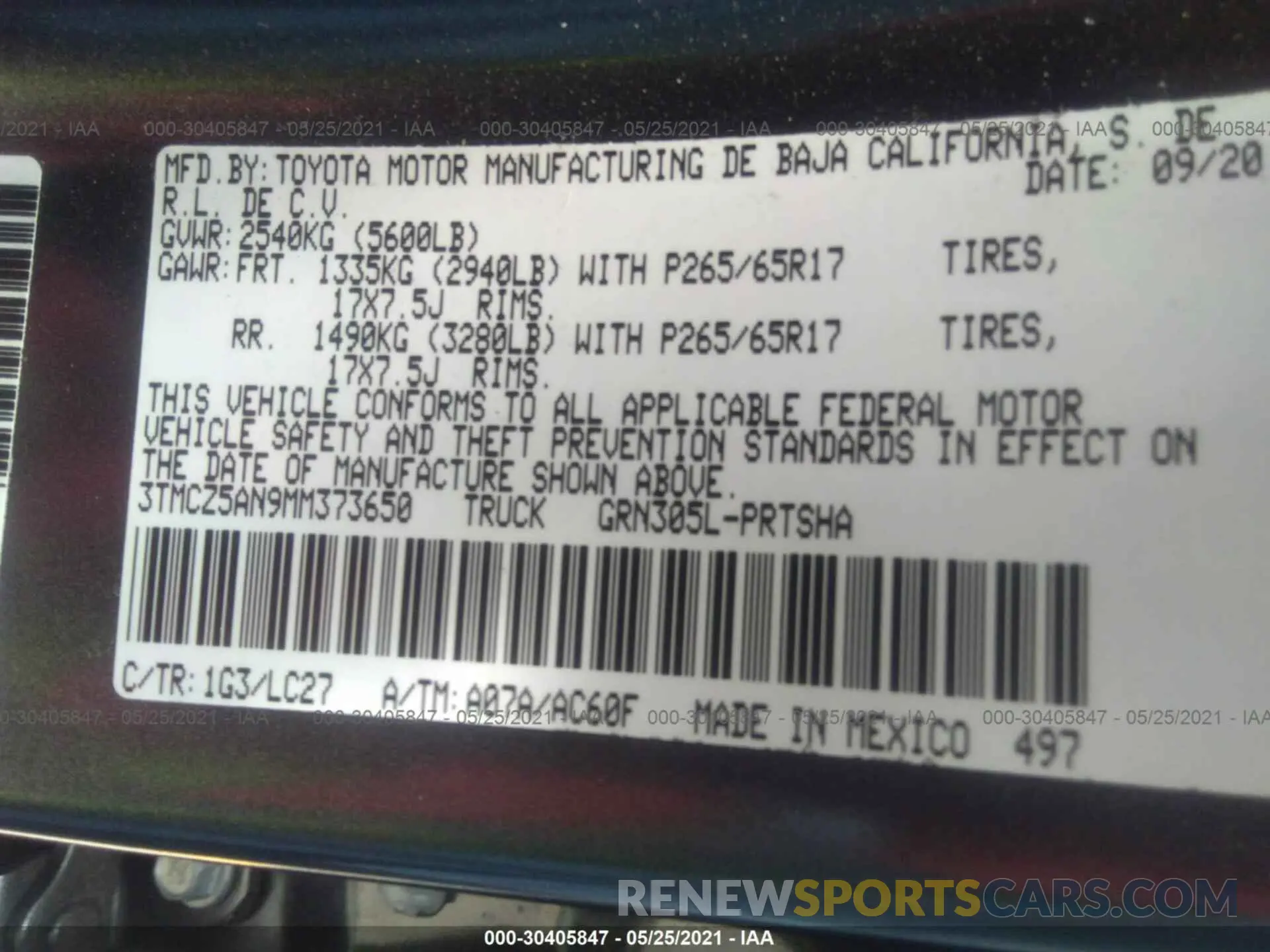 9 fotografías del automóvil dañado 3TMCZ5AN9MM373650 TOYOTA TACOMA 4WD 2021