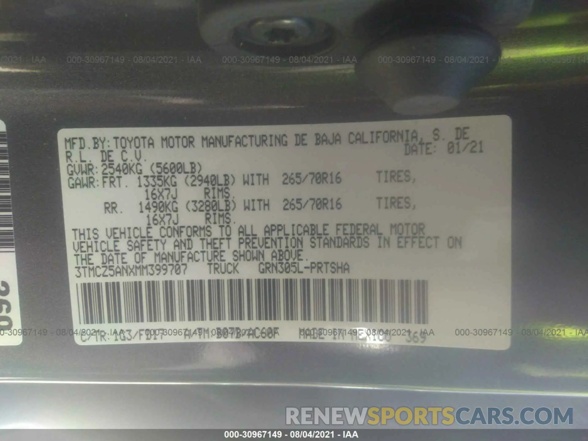 9 fotografías del automóvil dañado 3TMCZ5ANXMM399707 TOYOTA TACOMA 4WD 2021