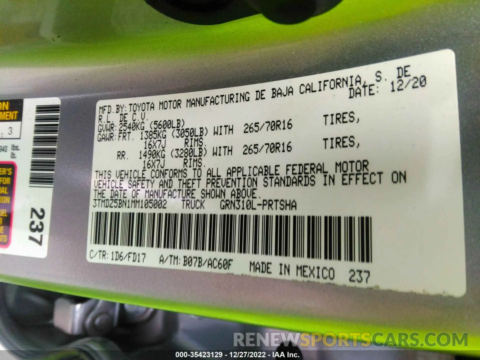 9 fotografías del automóvil dañado 3TMDZ5BN1MM105002 TOYOTA TACOMA 4WD 2021