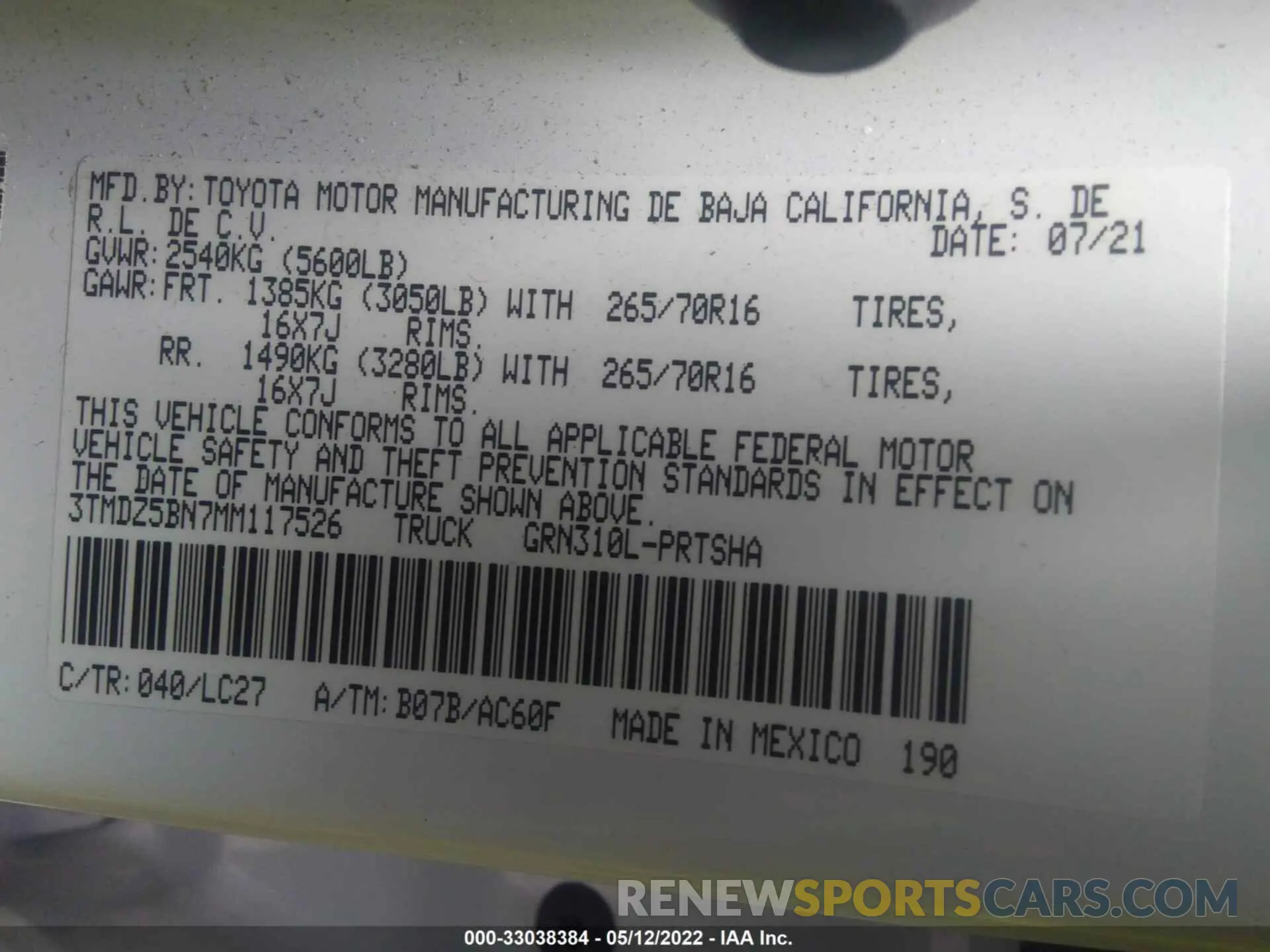 9 fotografías del automóvil dañado 3TMDZ5BN7MM117526 TOYOTA TACOMA 4WD 2021