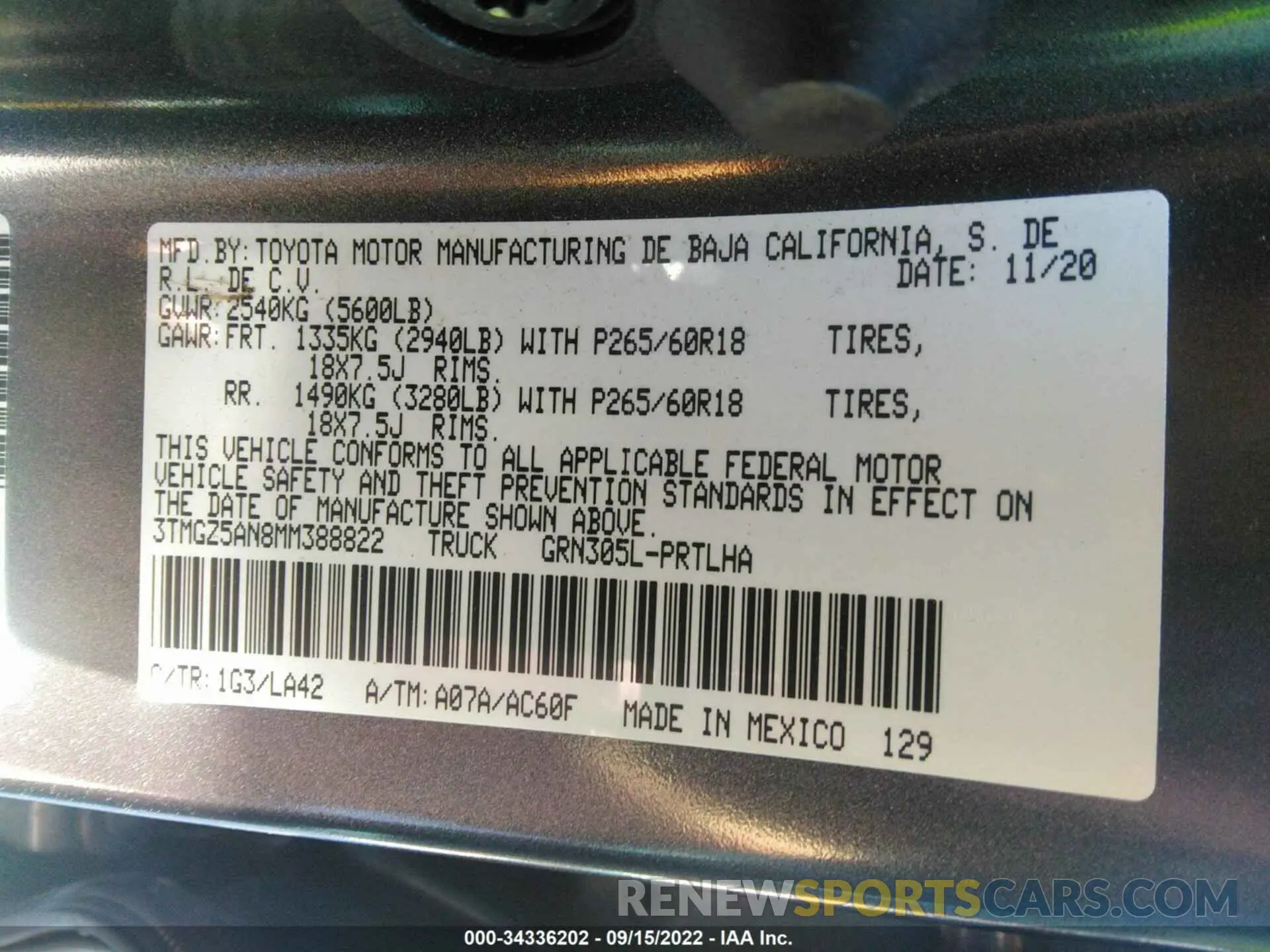 9 fotografías del automóvil dañado 3TMGZ5AN8MM388822 TOYOTA TACOMA 4WD 2021