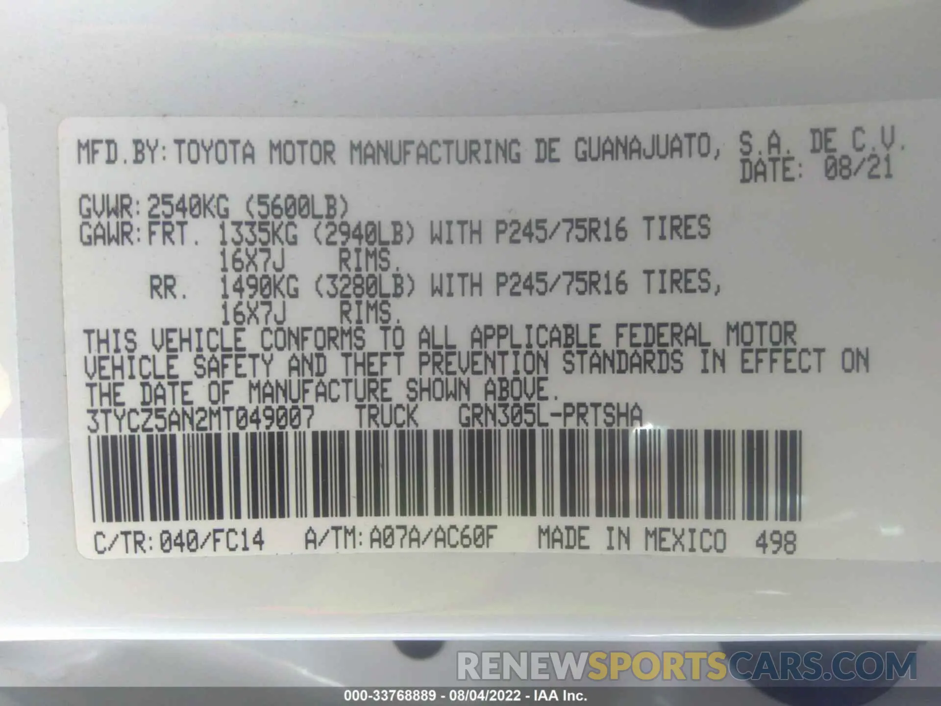 9 fotografías del automóvil dañado 3TYCZ5AN2MT049007 TOYOTA TACOMA 4WD 2021