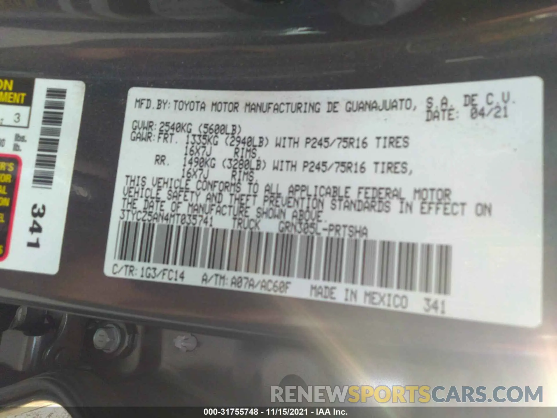 9 fotografías del automóvil dañado 3TYCZ5AN4MT035741 TOYOTA TACOMA 4WD 2021