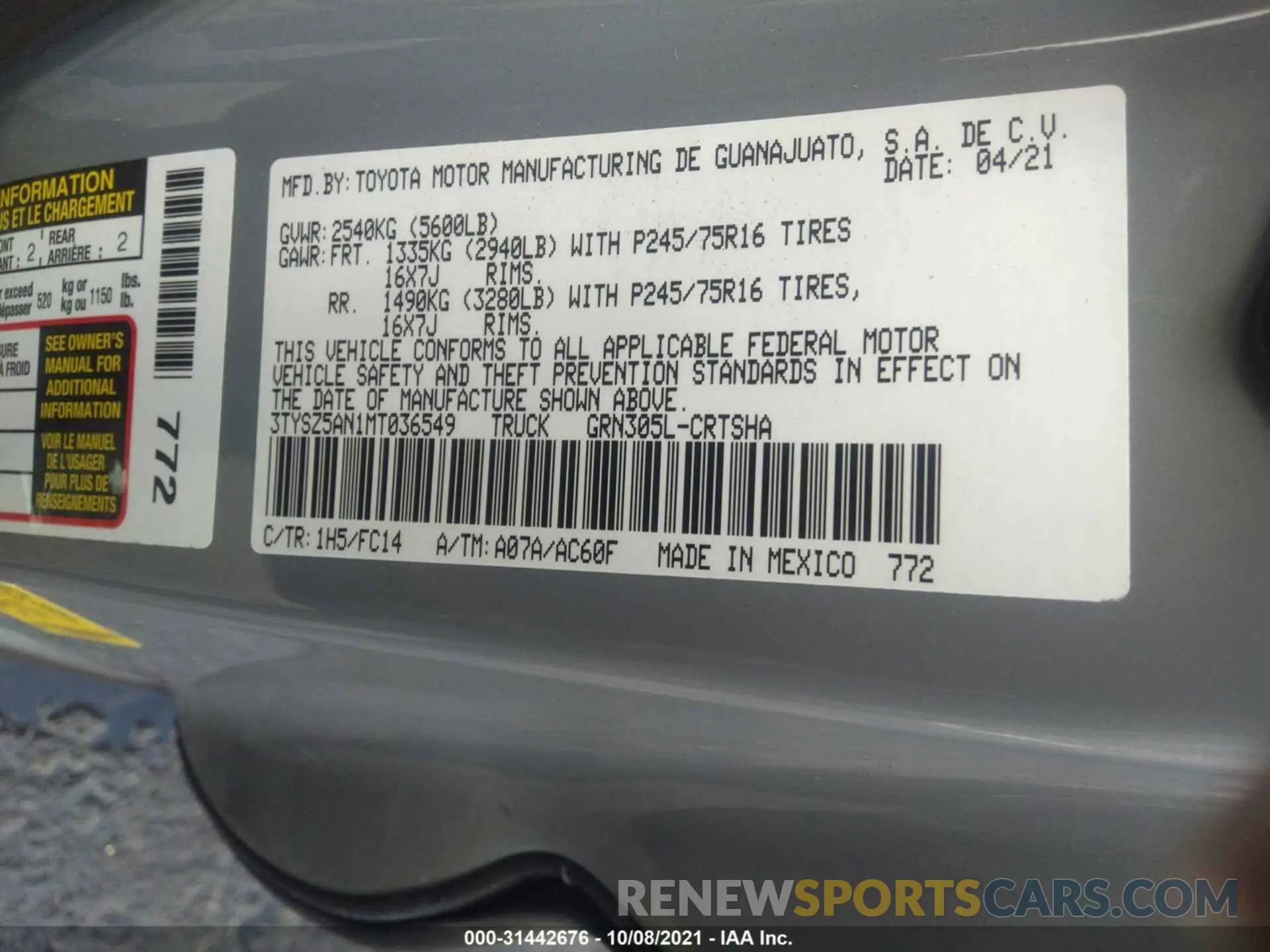 9 fotografías del automóvil dañado 3TYSZ5AN1MT036549 TOYOTA TACOMA 4WD 2021