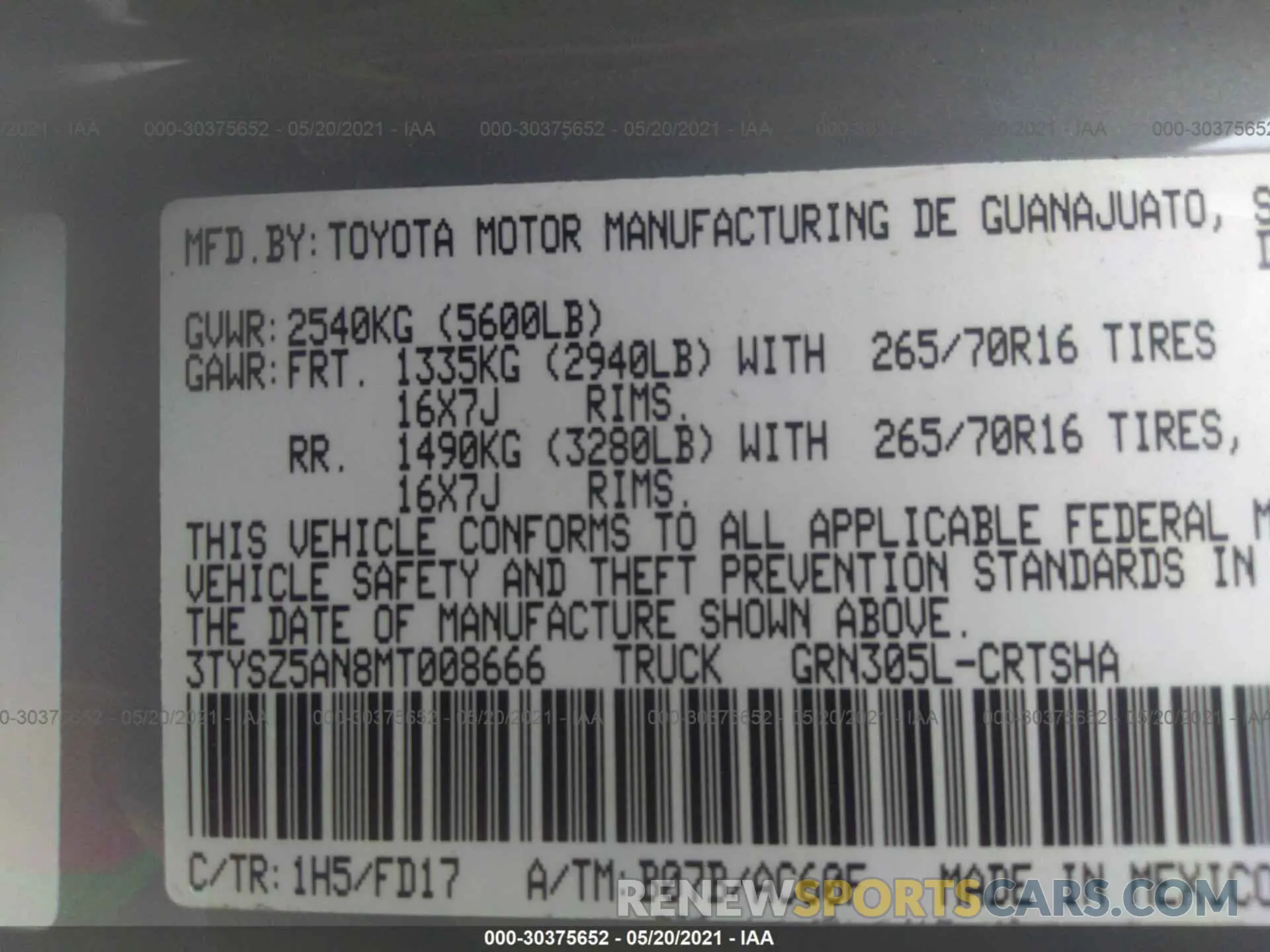 9 fotografías del automóvil dañado 3TYSZ5AN8MT008666 TOYOTA TACOMA 4WD 2021
