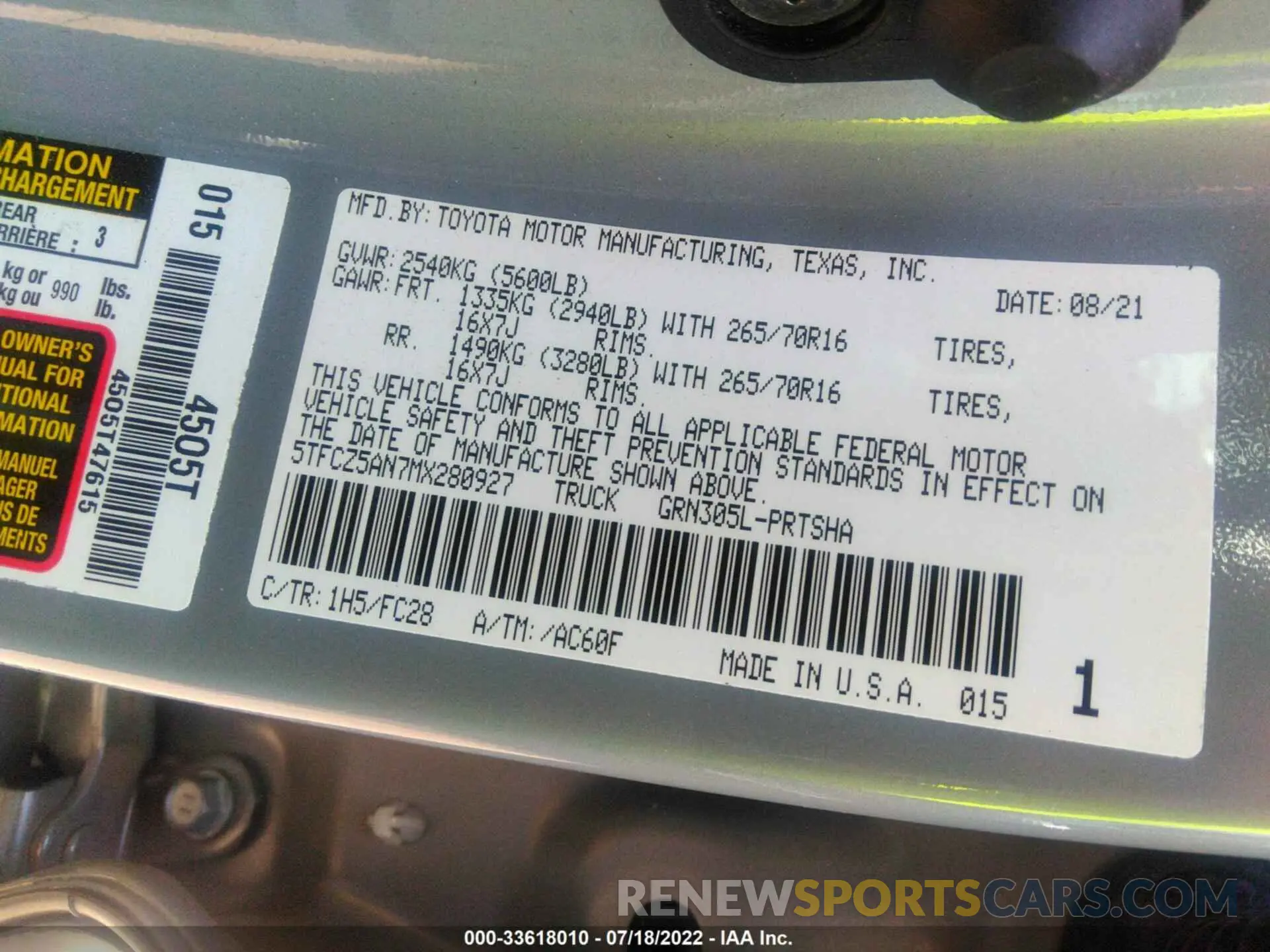 9 fotografías del automóvil dañado 5TFCZ5AN7MX280927 TOYOTA TACOMA 4WD 2021