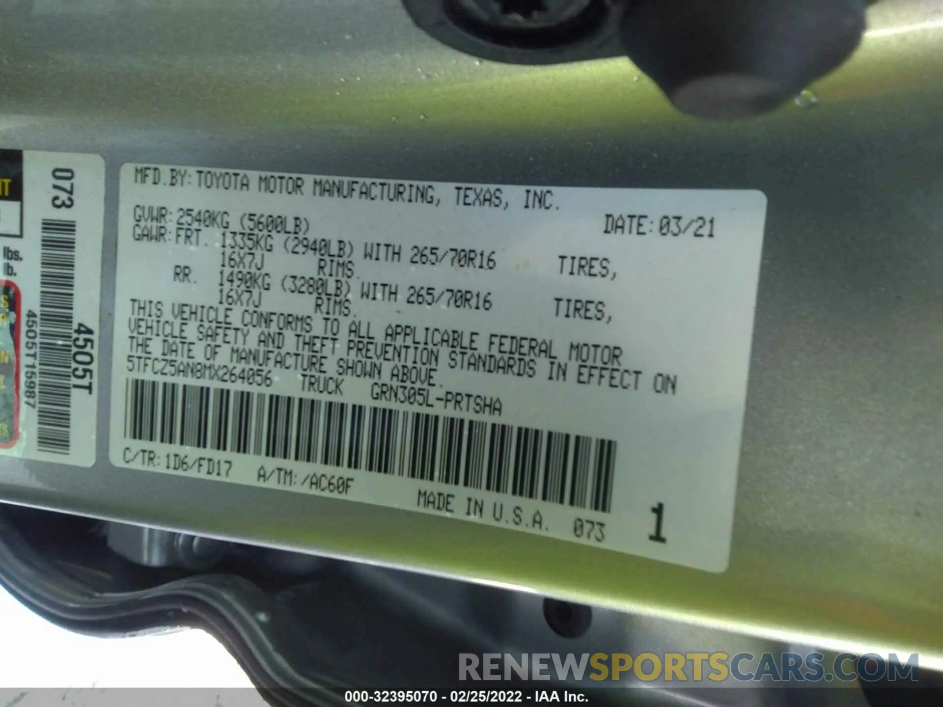 9 fotografías del automóvil dañado 5TFCZ5AN8MX264056 TOYOTA TACOMA 4WD 2021