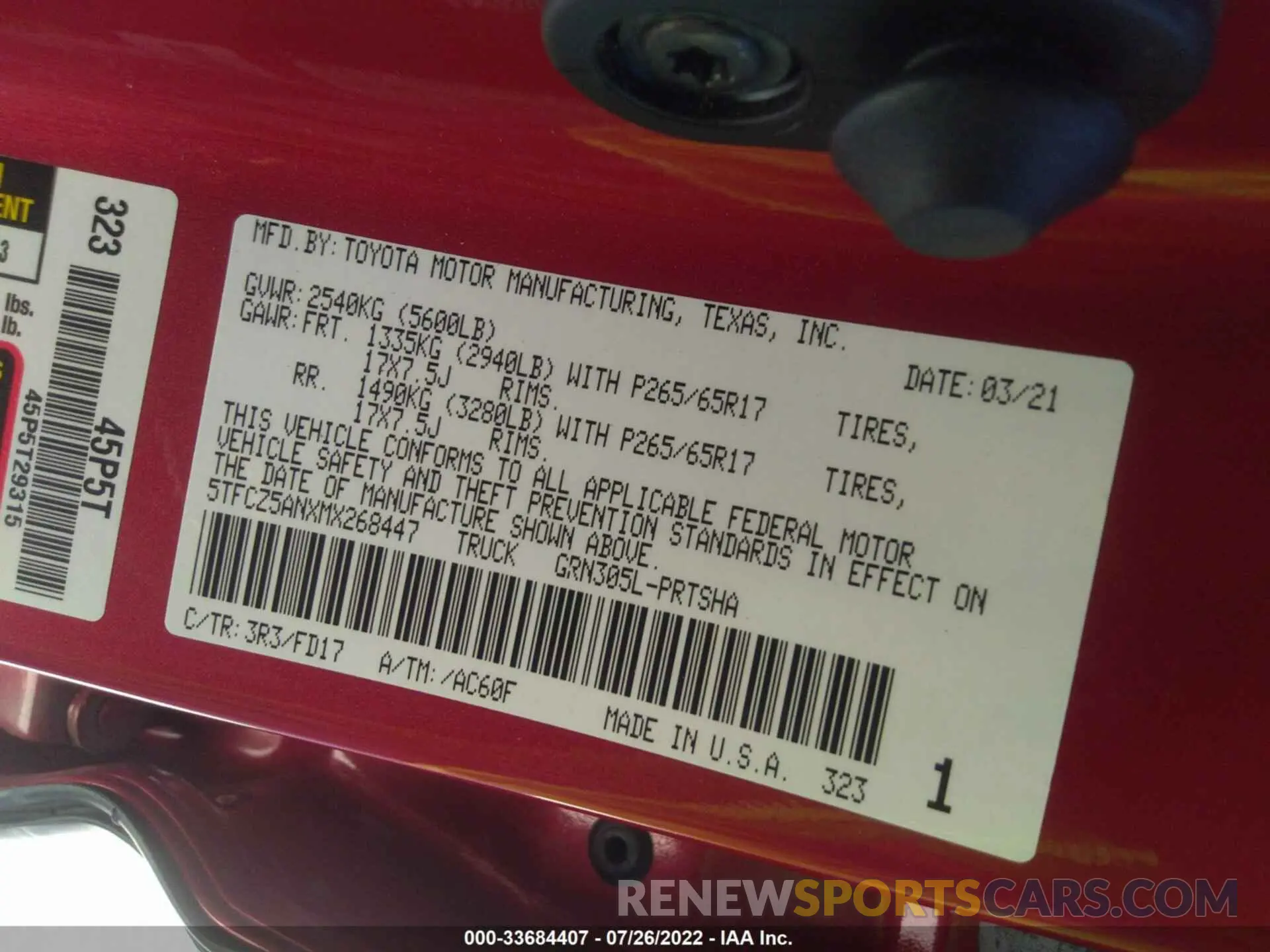 9 fotografías del automóvil dañado 5TFCZ5ANXMX268447 TOYOTA TACOMA 4WD 2021