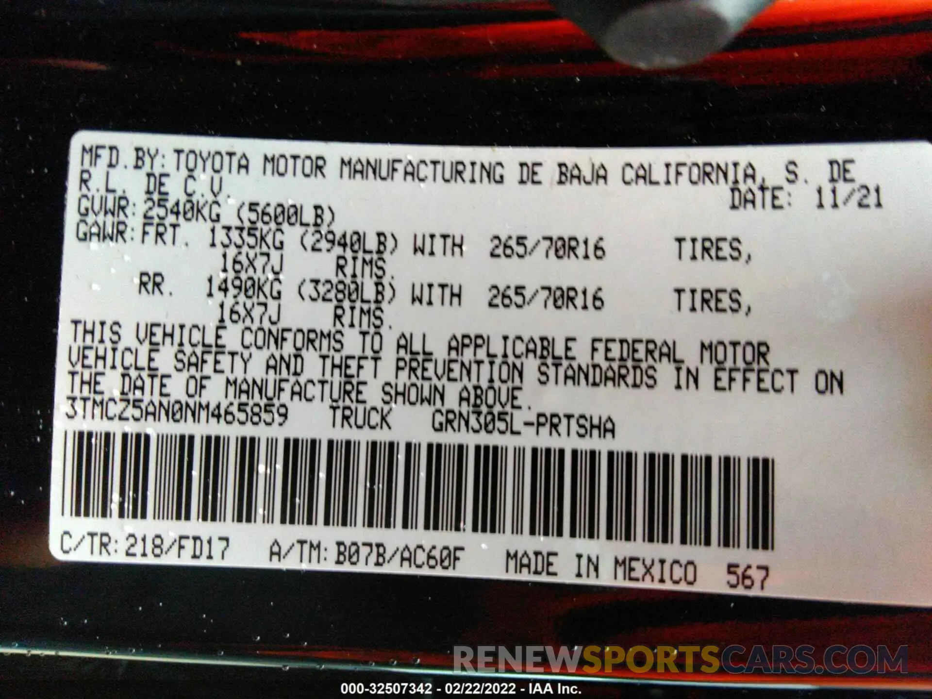9 fotografías del automóvil dañado 3TMCZ5AN0NM465859 TOYOTA TACOMA 4WD 2022