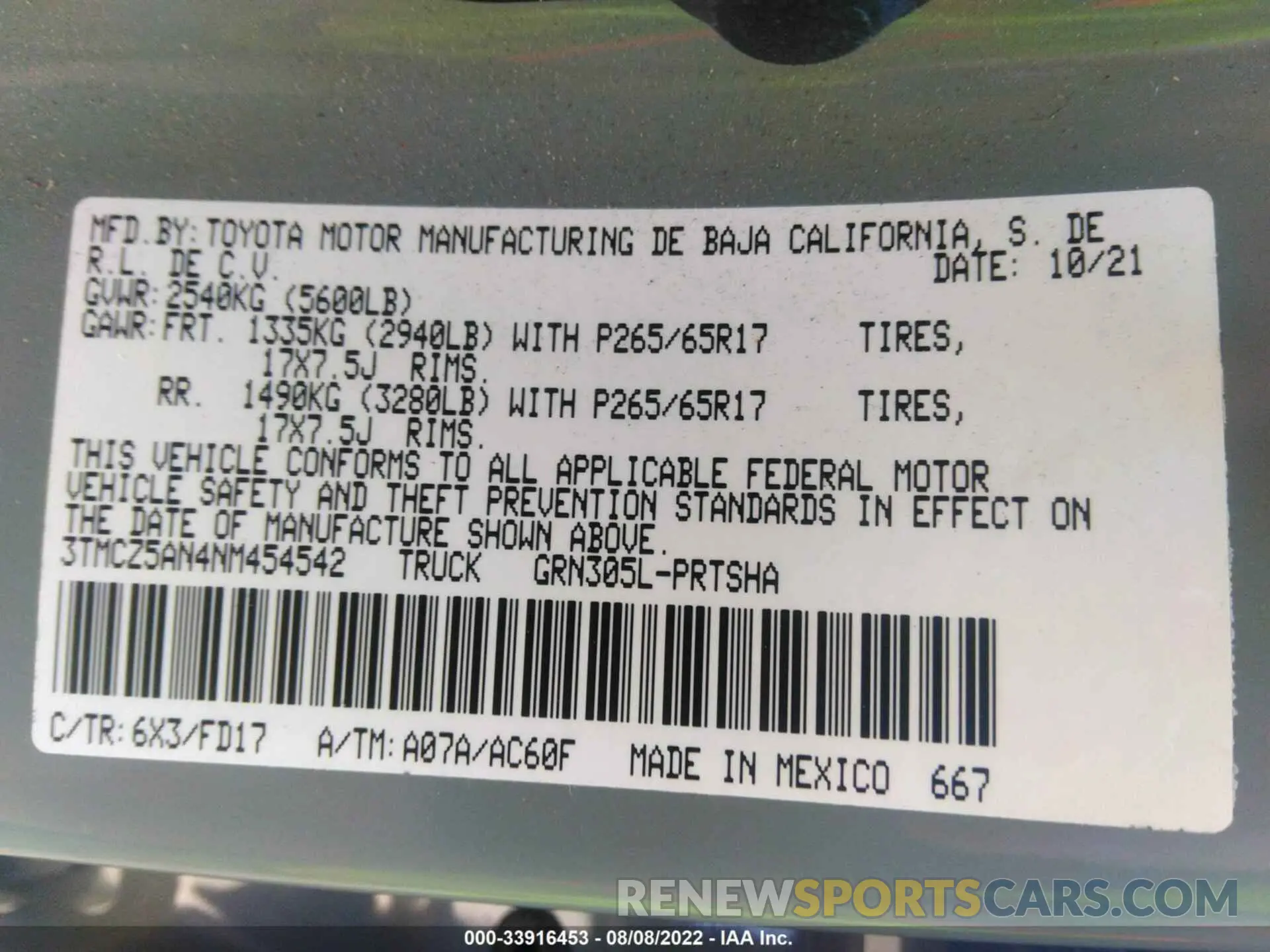 9 fotografías del automóvil dañado 3TMCZ5AN4NM454542 TOYOTA TACOMA 4WD 2022