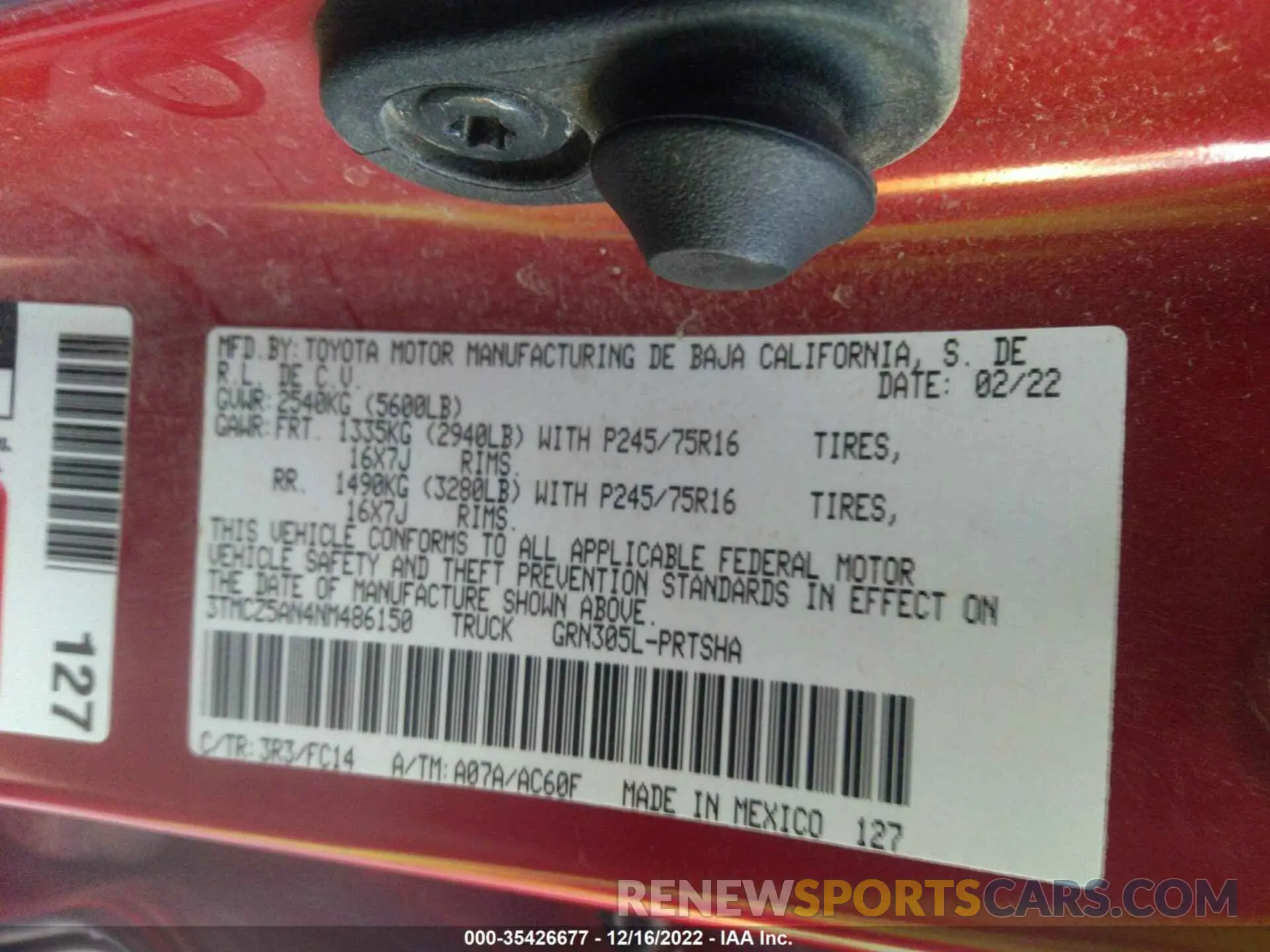 9 fotografías del automóvil dañado 3TMCZ5AN4NM486150 TOYOTA TACOMA 4WD 2022
