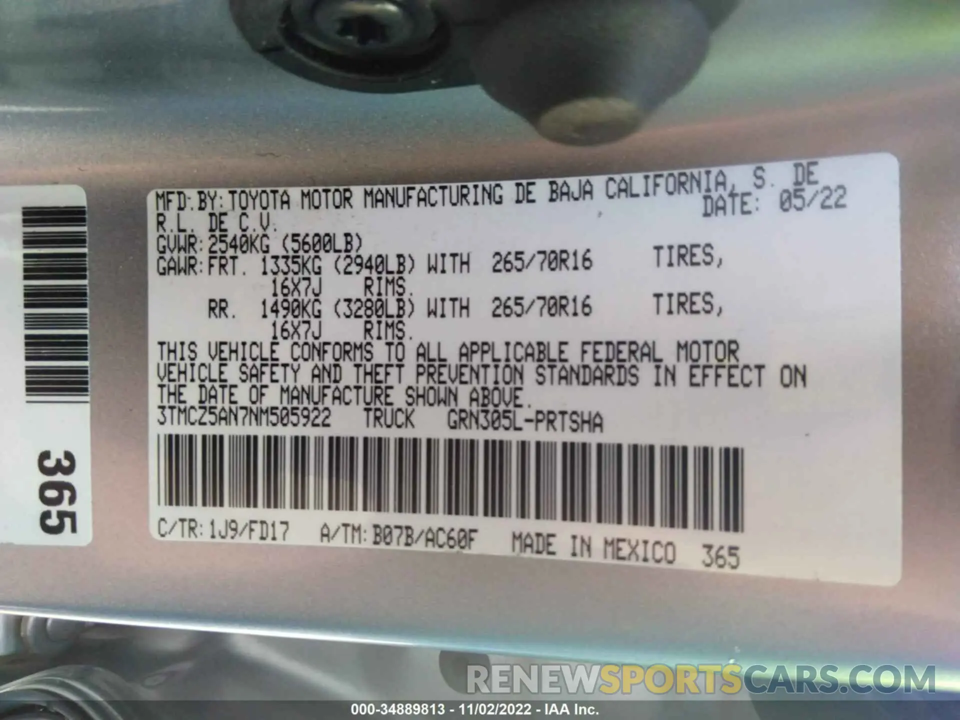 9 fotografías del automóvil dañado 3TMCZ5AN7NM505922 TOYOTA TACOMA 4WD 2022