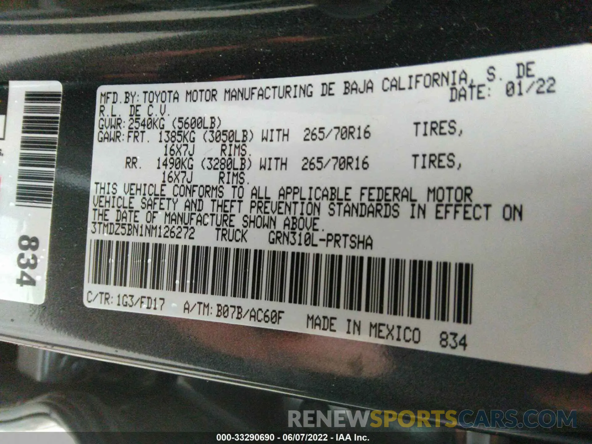 9 fotografías del automóvil dañado 3TMDZ5BN1NM126272 TOYOTA TACOMA 4WD 2022