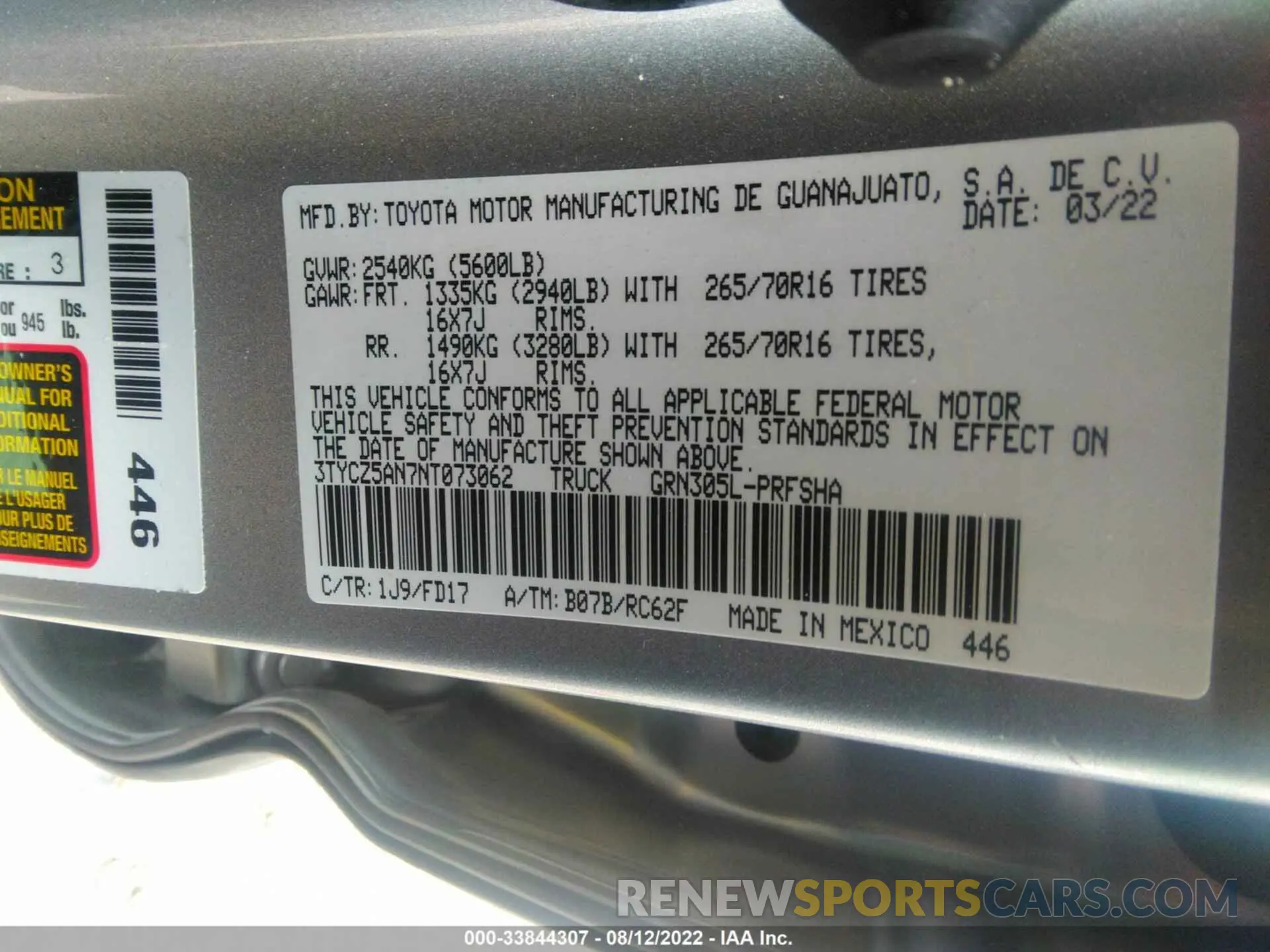 9 fotografías del automóvil dañado 3TYCZ5AN7NT073062 TOYOTA TACOMA 4WD 2022