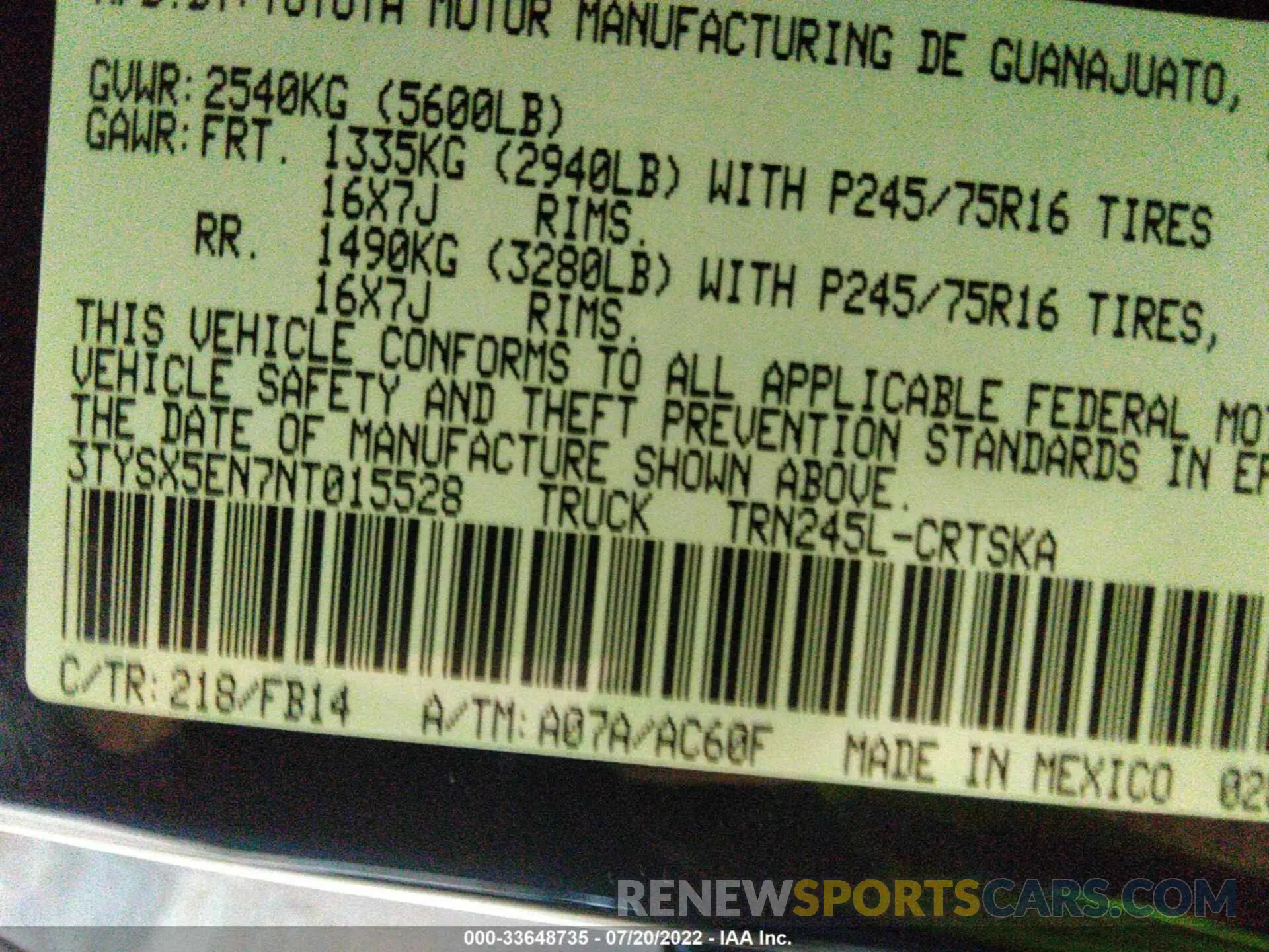 9 fotografías del automóvil dañado 3TYSX5EN7NT015528 TOYOTA TACOMA 4WD 2022