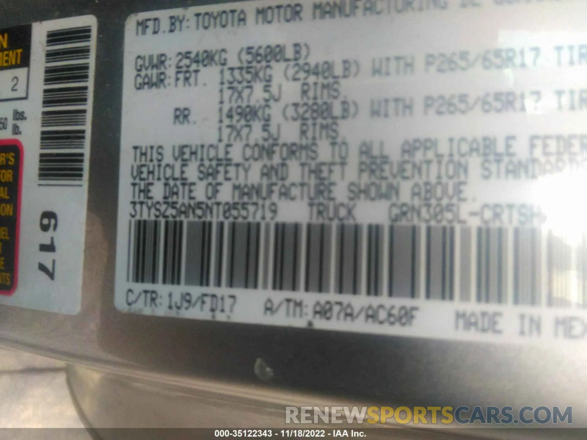 9 fotografías del automóvil dañado 3TYSZ5AN5NT055719 TOYOTA TACOMA 4WD 2022