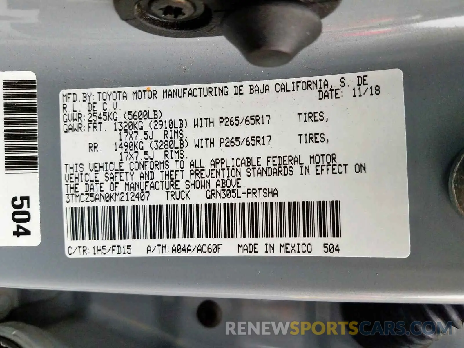 10 fotografías del automóvil dañado 3TMCZ5AN0KM212407 TOYOTA TACOMA DOU 2019