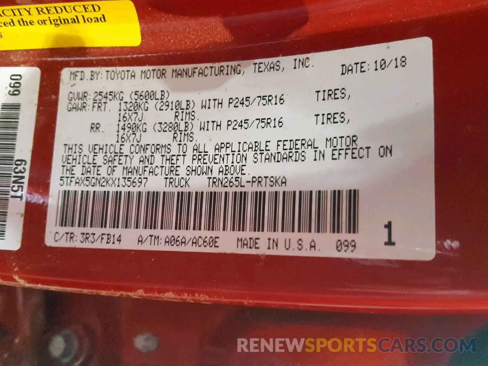 10 fotografías del automóvil dañado 5TFAX5GN2KX135697 TOYOTA TACOMA DOU 2019