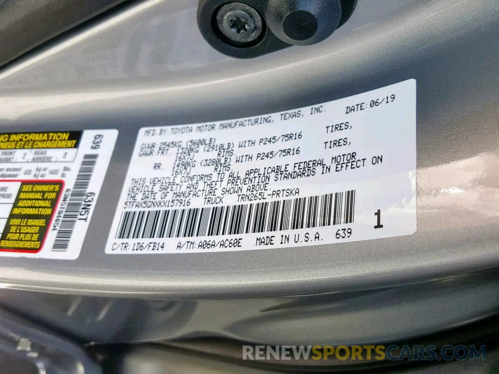 10 fotografías del automóvil dañado 5TFAX5GNXKX157916 TOYOTA TACOMA DOU 2019