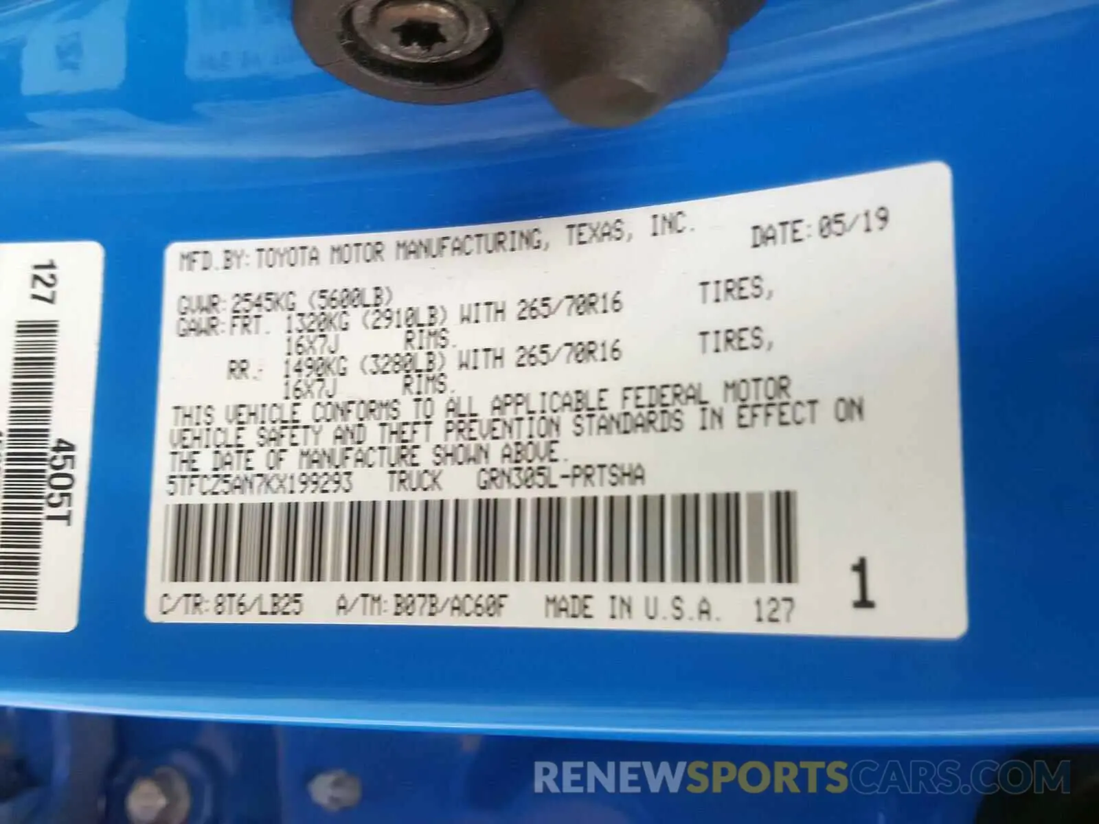 10 fotografías del automóvil dañado 5TFCZ5AN7KX199293 TOYOTA TACOMA DOU 2019