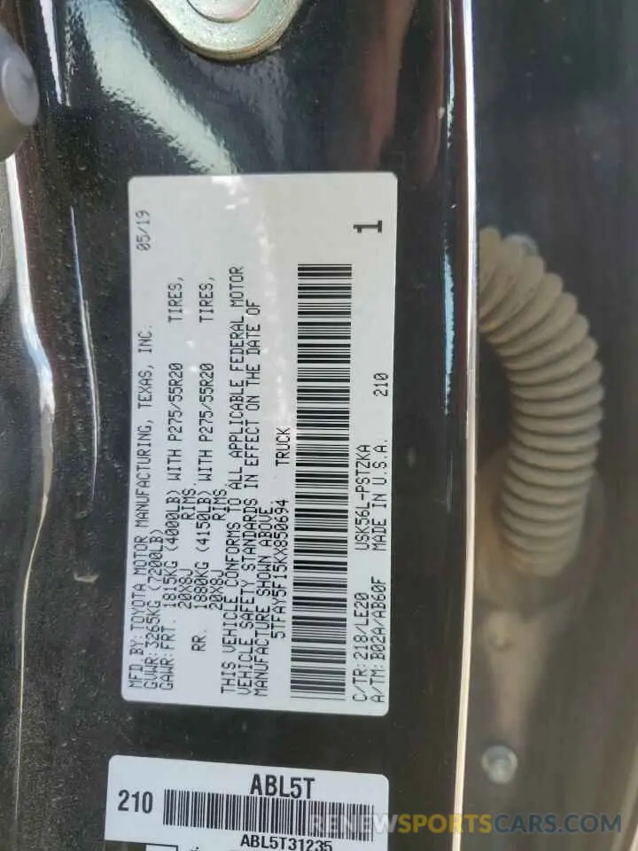 12 fotografías del automóvil dañado 5TFAY5F15KX850694 TOYOTA TUNDRA 2019