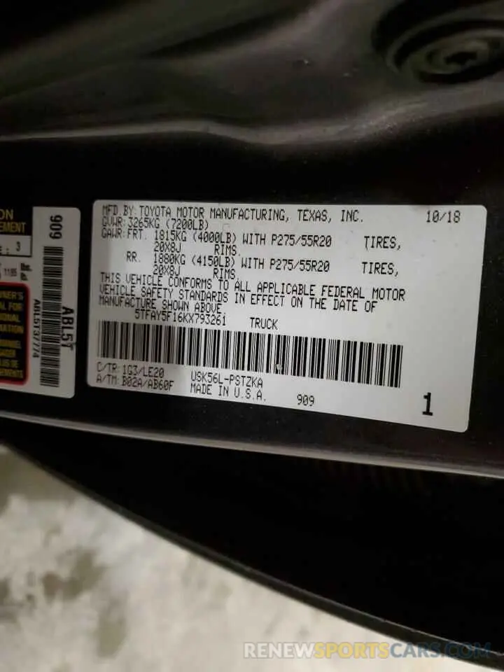 12 fotografías del automóvil dañado 5TFAY5F16KX793261 TOYOTA TUNDRA 2019